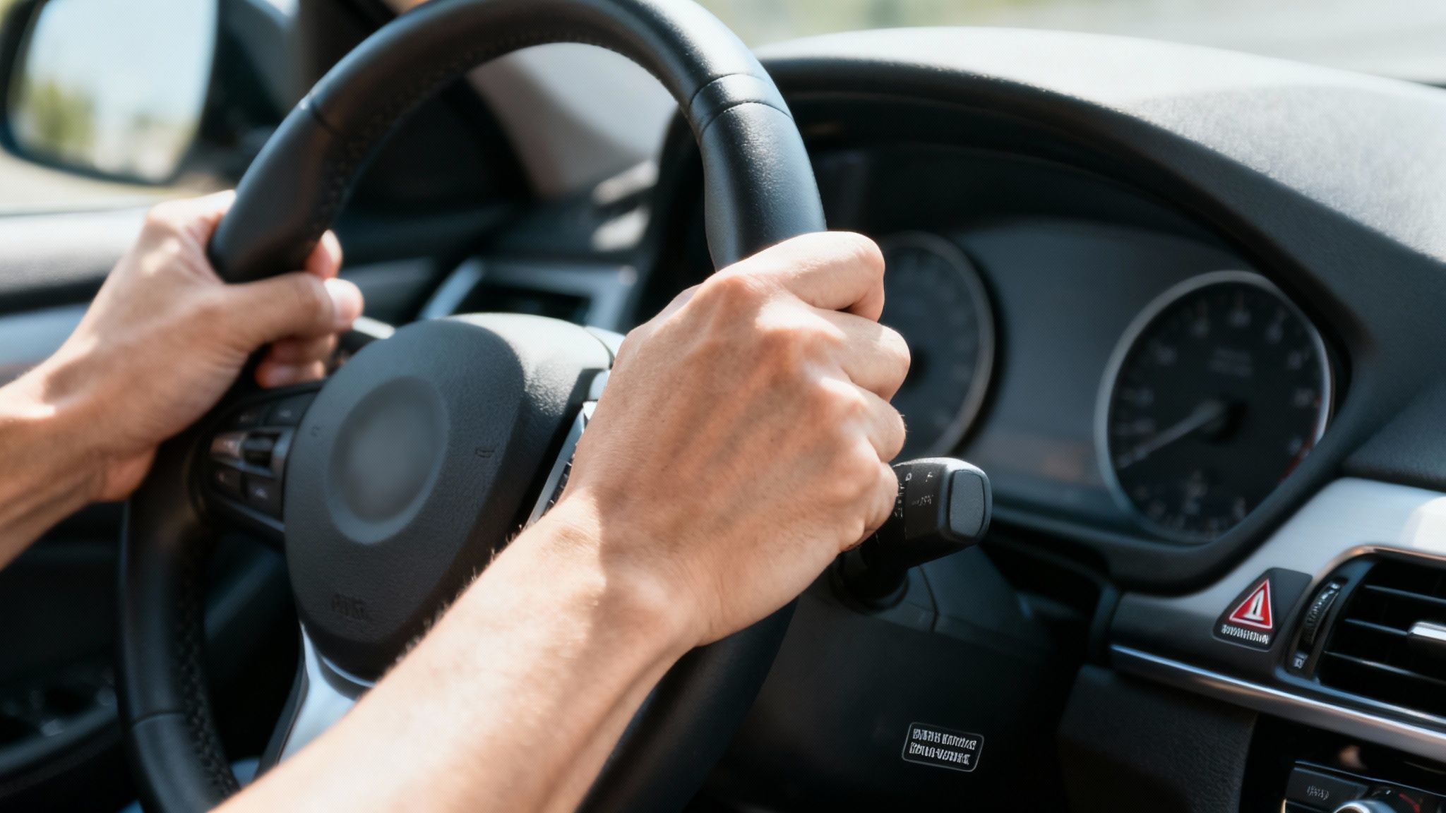 Close-up of a person's hands gripping the black steering wheel of a car while driving.