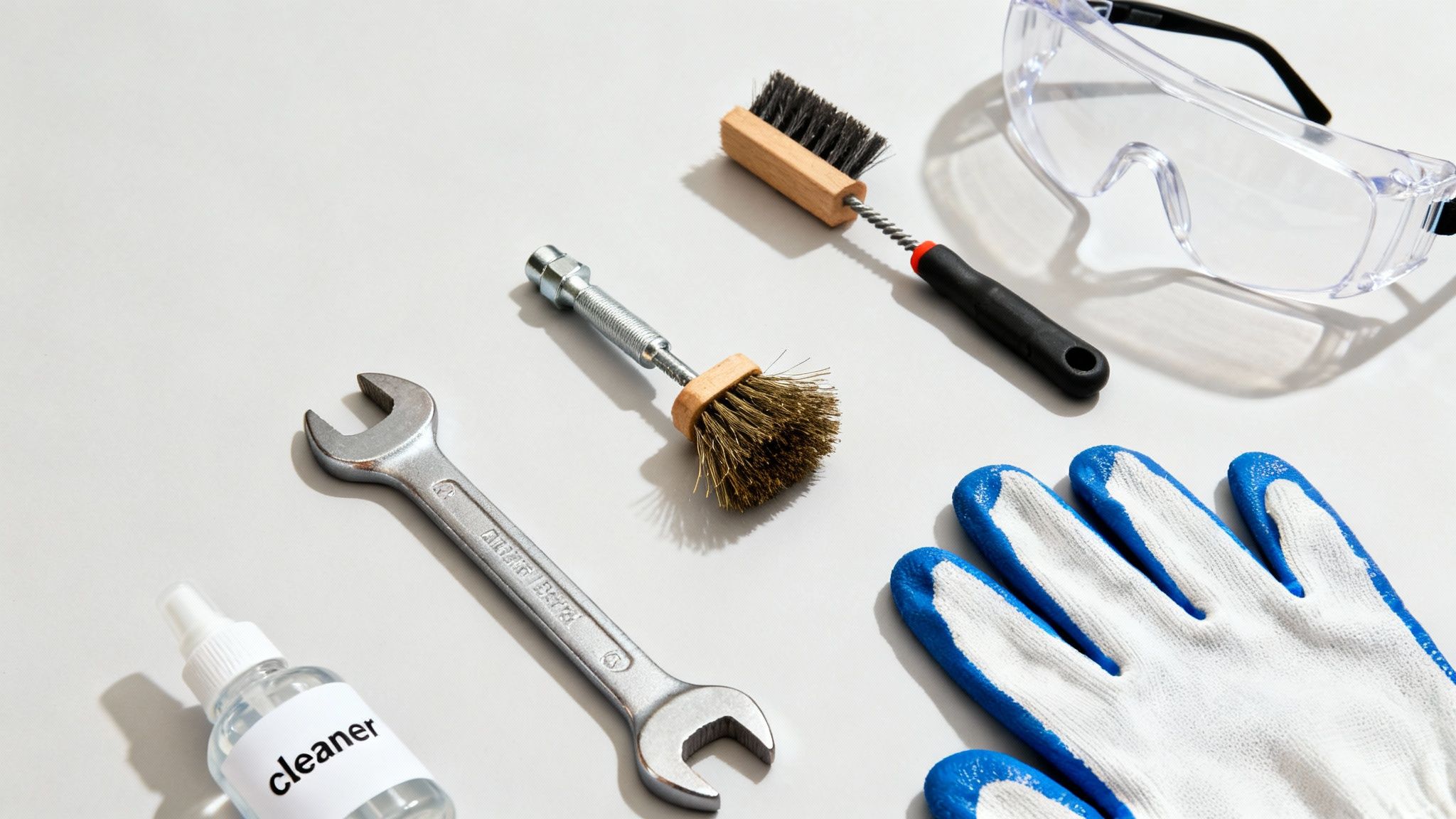 A flat lay of various cleaning and maintenance tools including brushes, wrench, safety glasses, gloves, and a cleaner spray bottle.