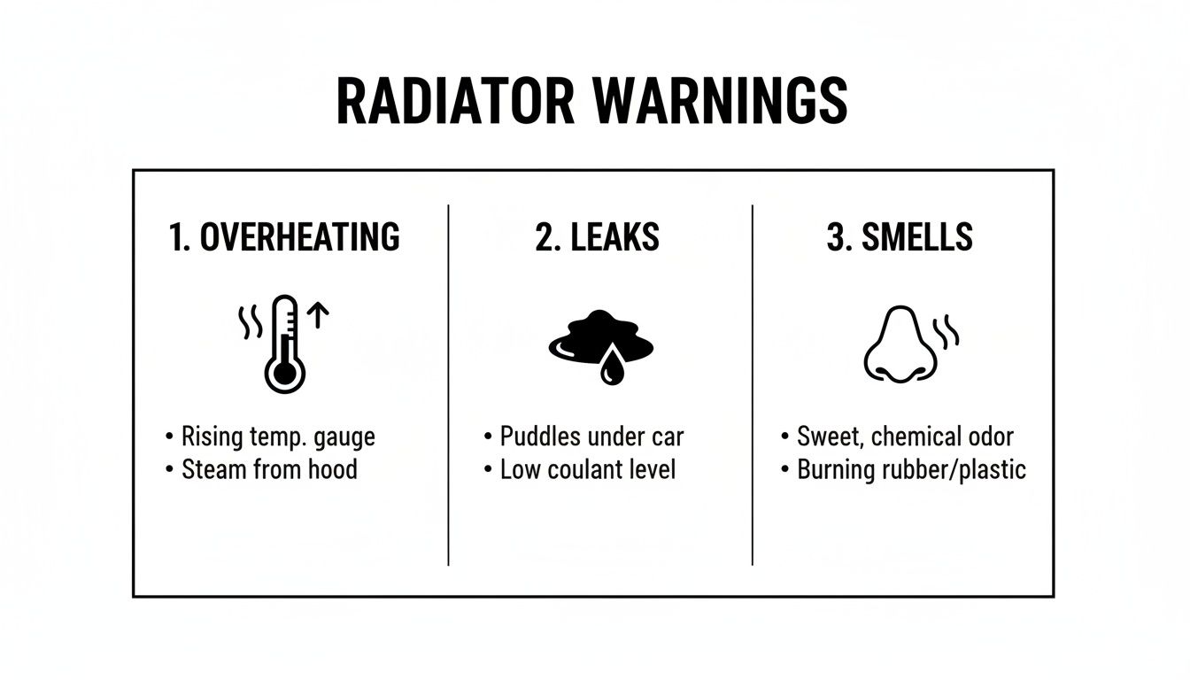 An infographic detailing radiator warnings including overheating, leaks, and unusual smells with their indicators.