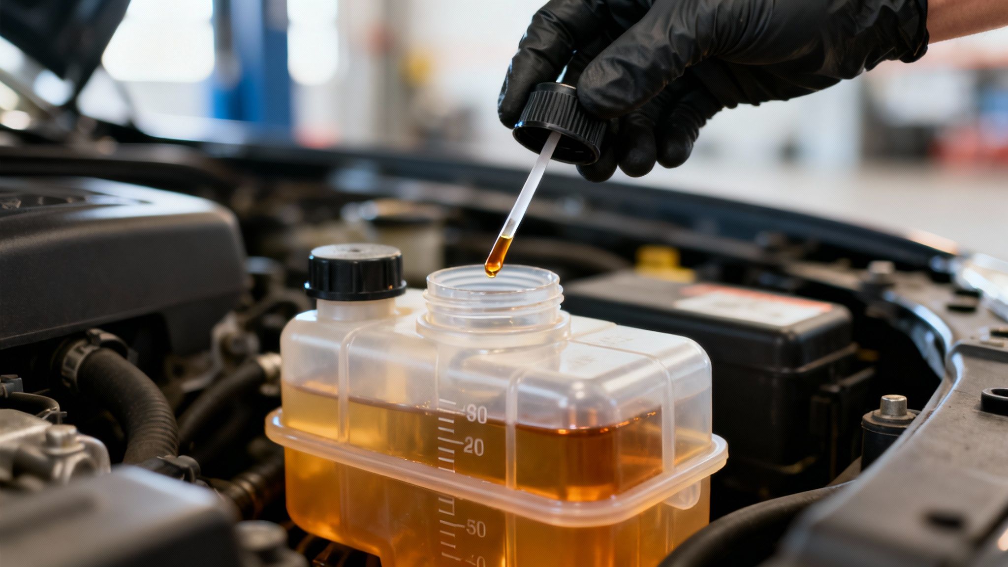 A gloved hand adds amber fluid with a dropper to a clear car reservoir during maintenance.