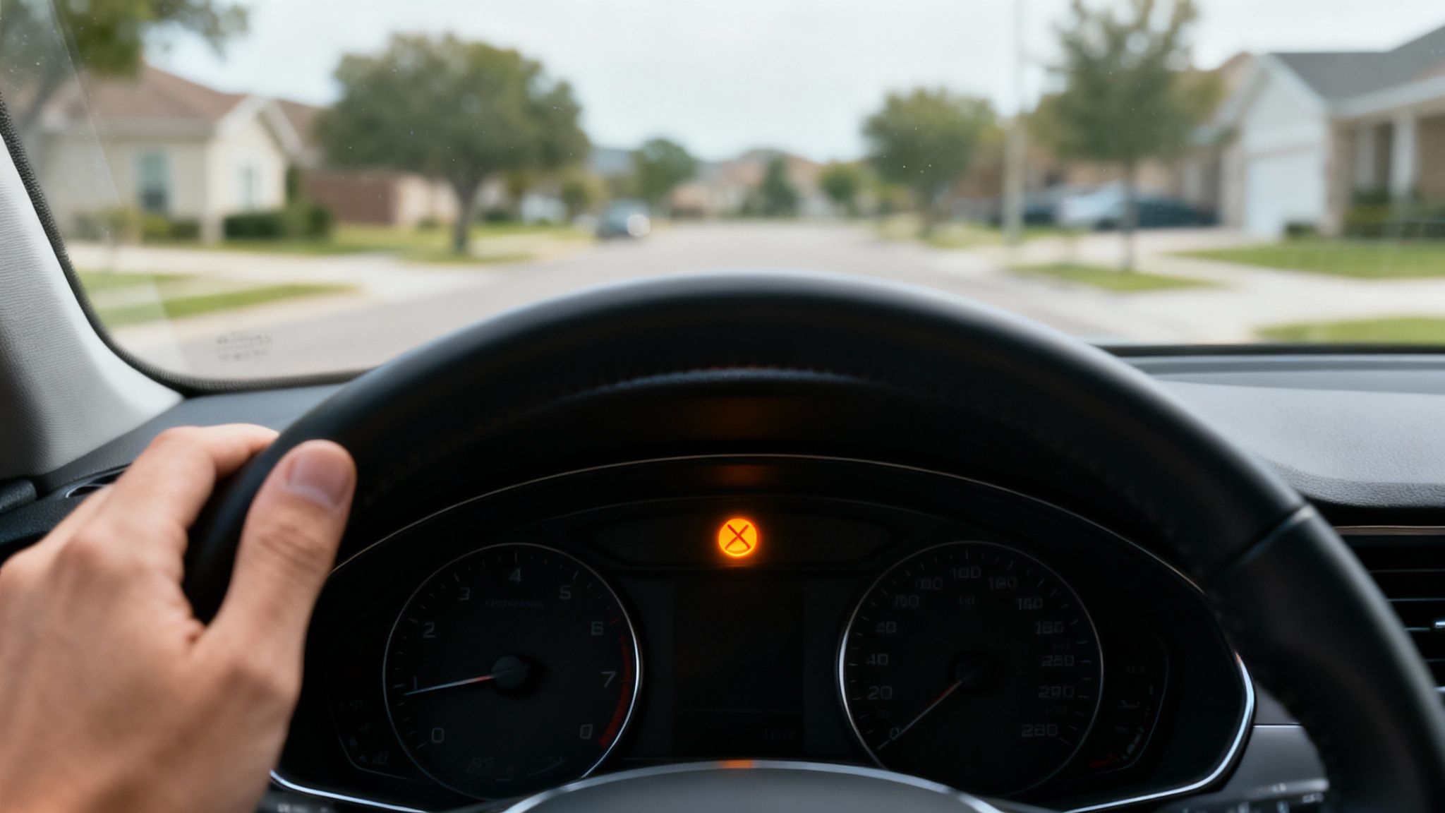 Close-up of a hand on a car's steering wheel with an orange warning light on the dashboard, facing a suburban street.