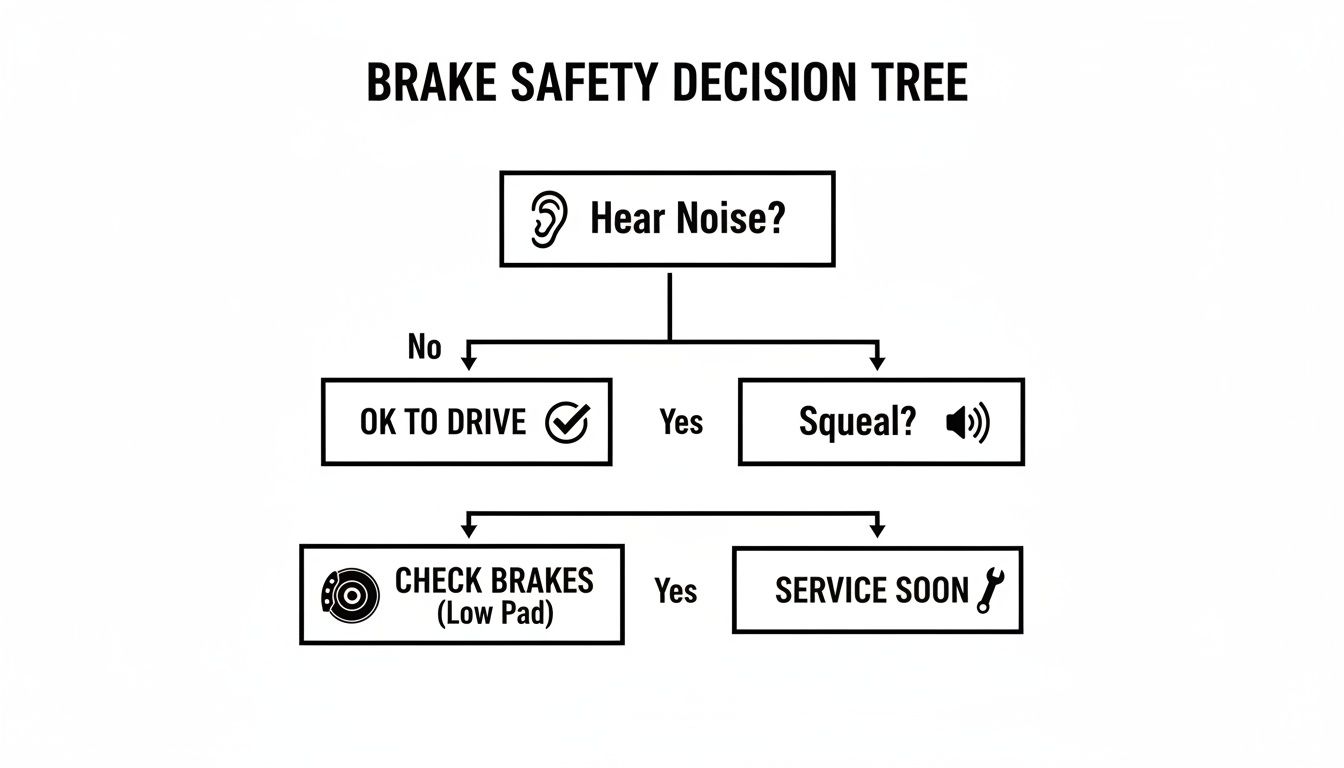 A brake safety decision tree flowchart guiding users on actions based on brake noises.