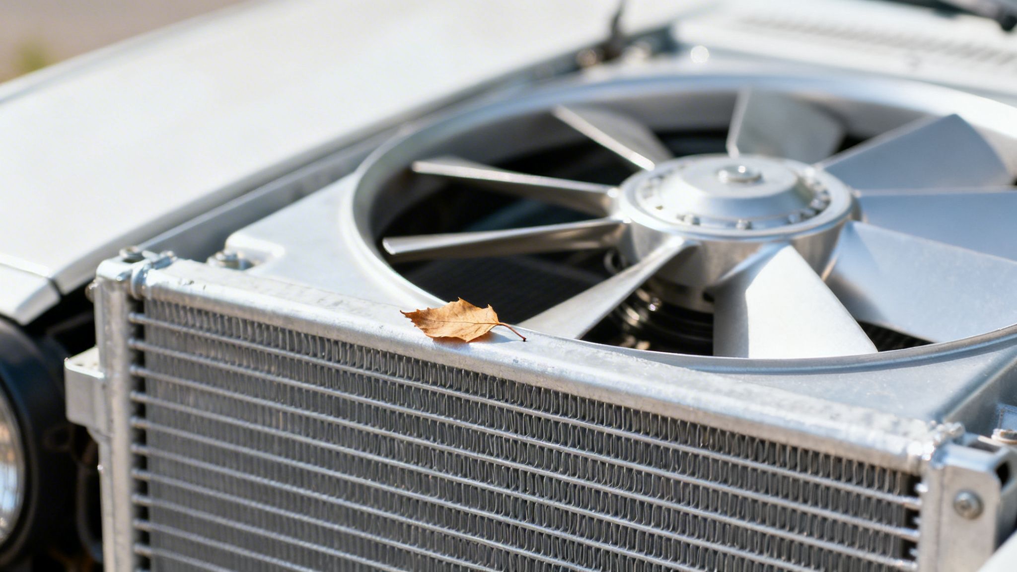 Detailed view of a car's open engine, featuring a metal radiator, cooling fan, and a single autumn leaf.