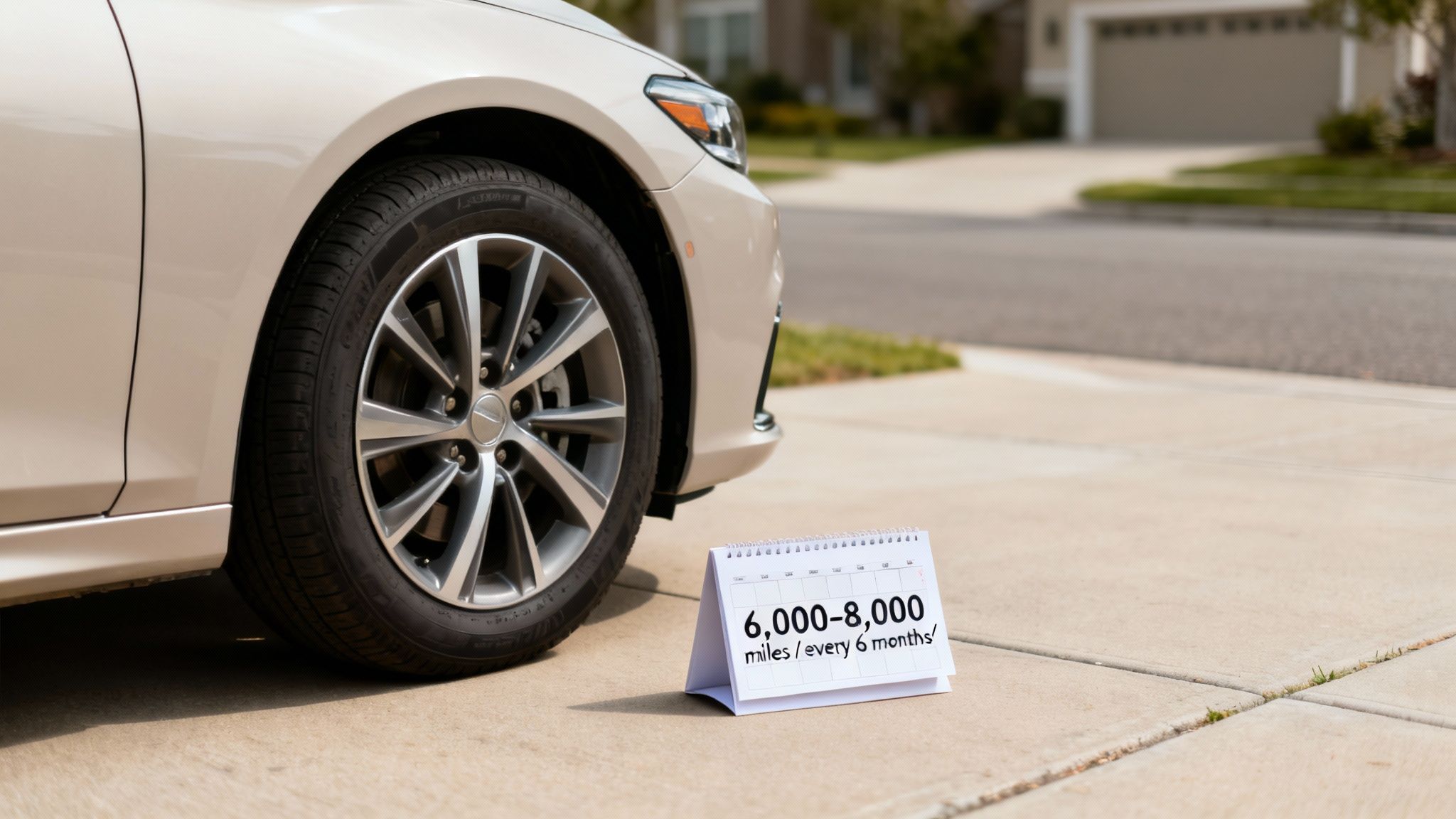 Front view of a beige car's tire on a driveway, with a sign detailing 6,000-8,000 miles/every 6 months.