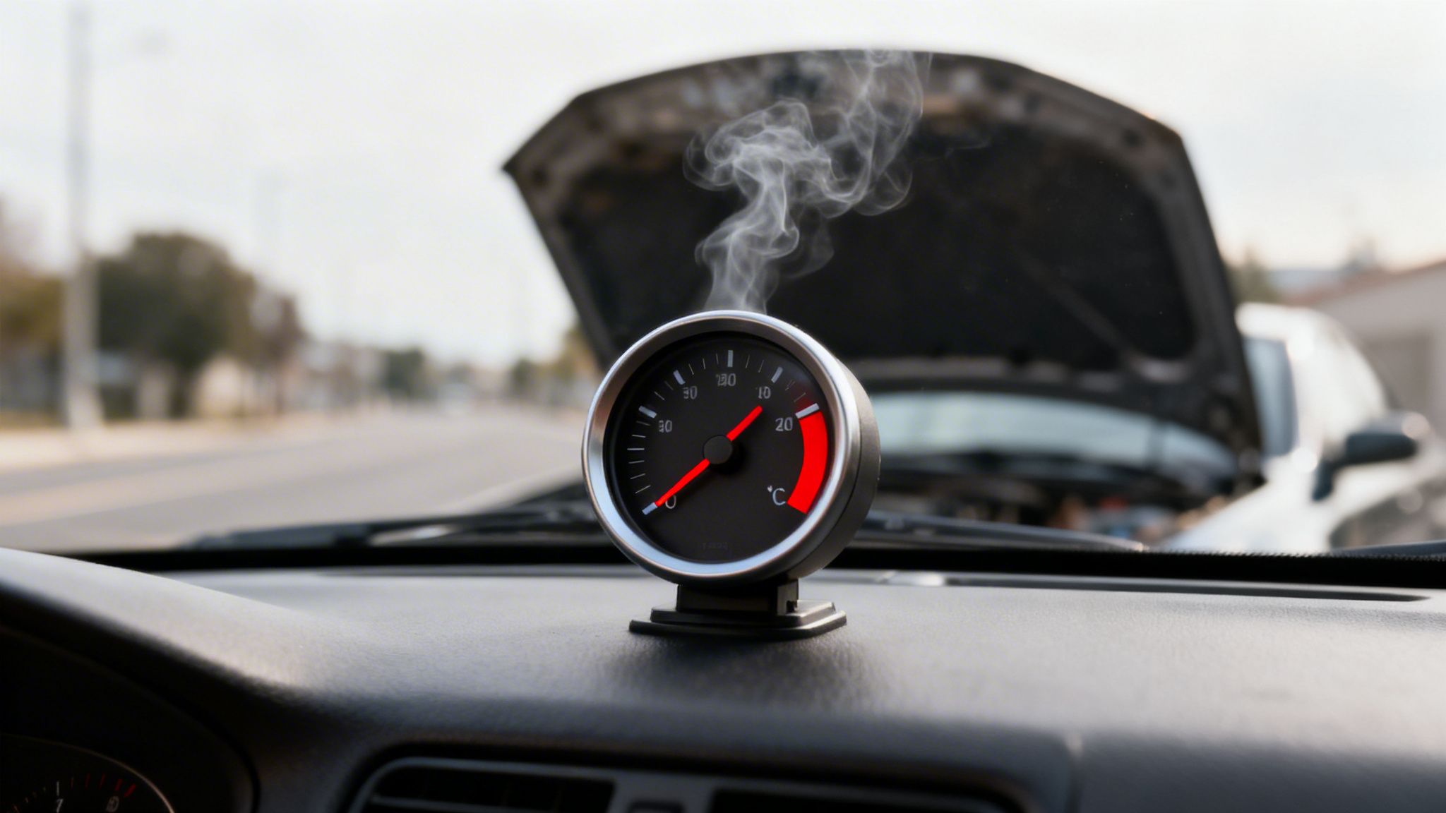 A car's dashboard shows an overheating gauge with steam rising from the open hood, indicating a breakdown on the road.