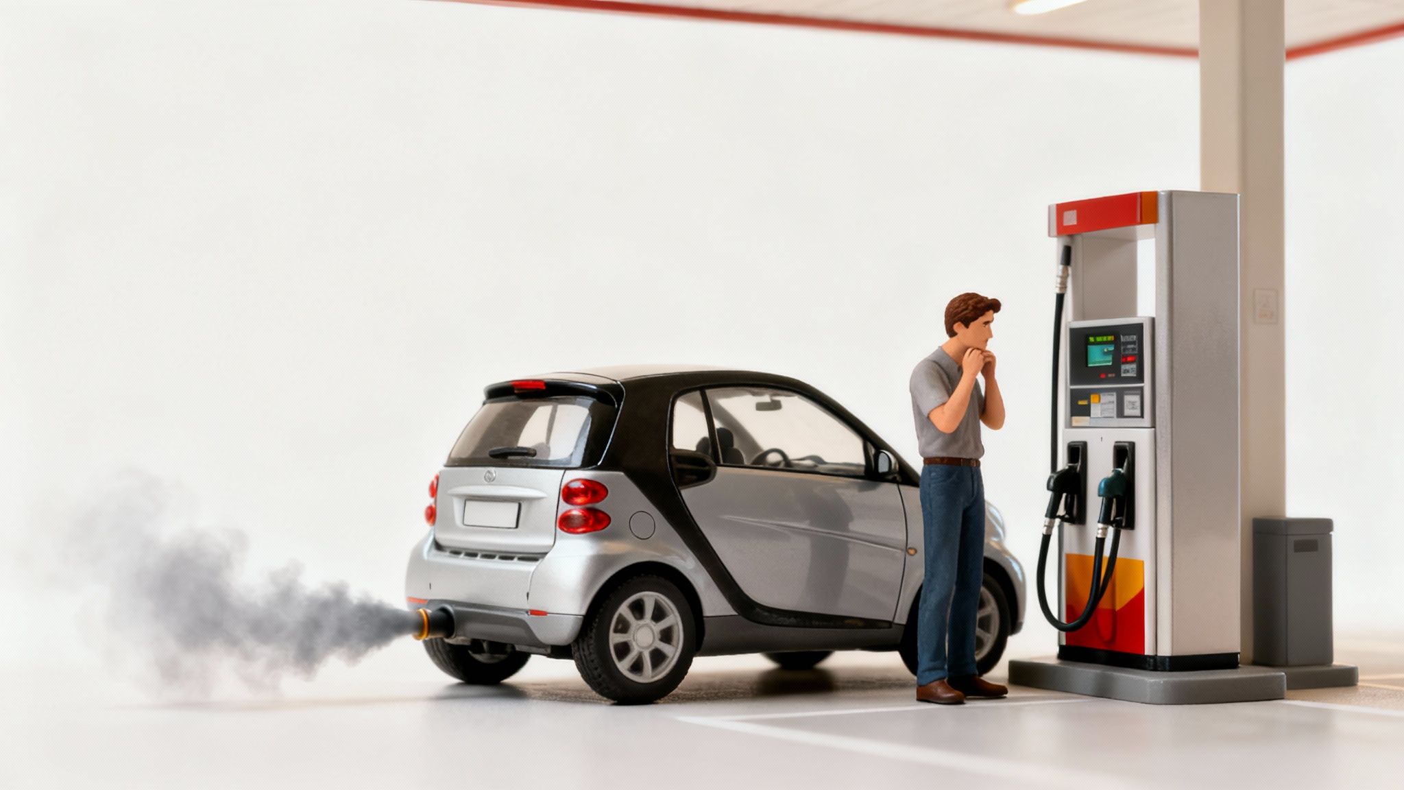 A miniature car emitting exhaust smoke next to a concerned person at a gas pump, illustrating car issues or fuel costs.