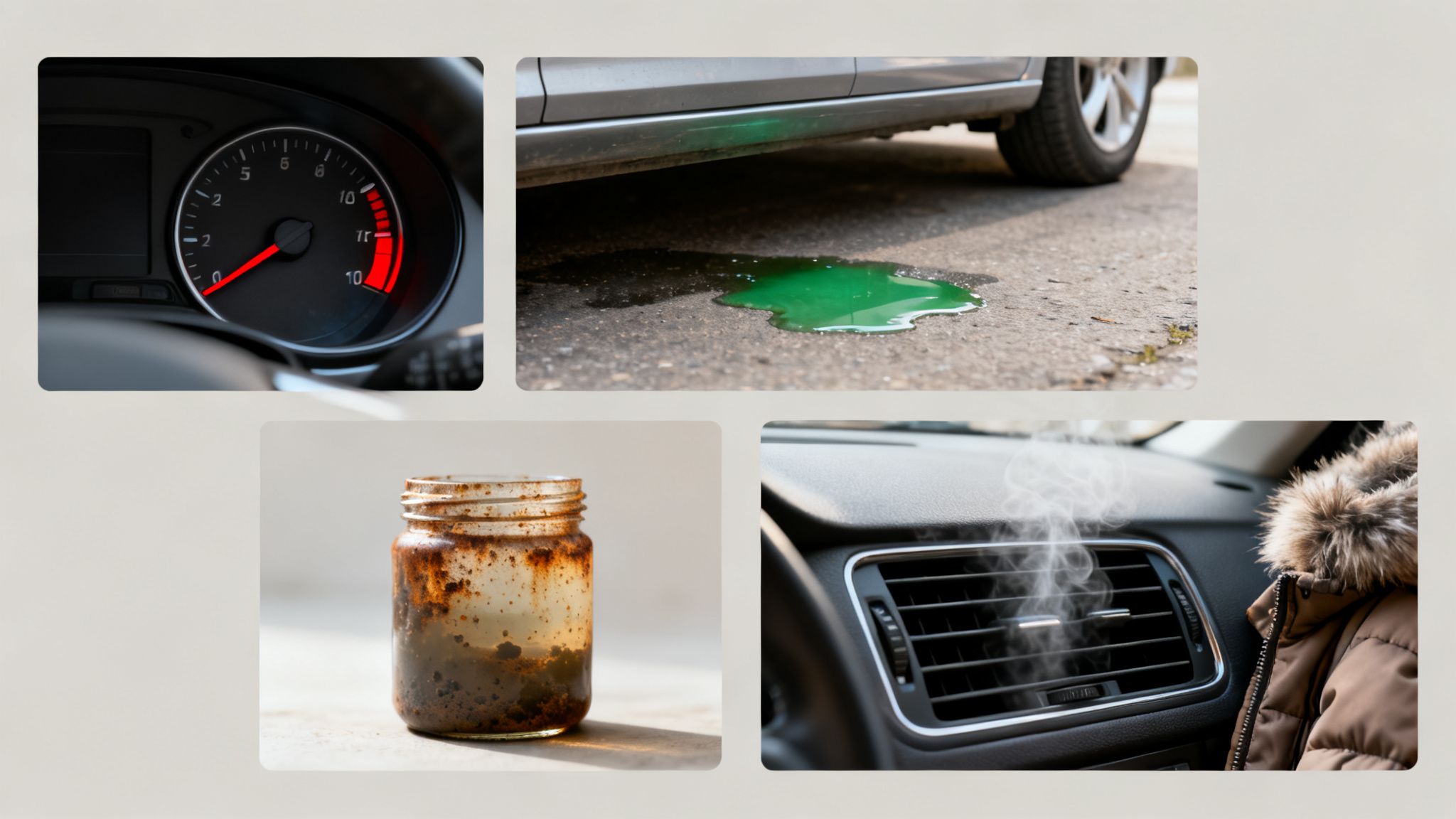 Four images depicting car cooling system failures: an overheating gauge, a coolant leak, rusty fluid, and dashboard steam.