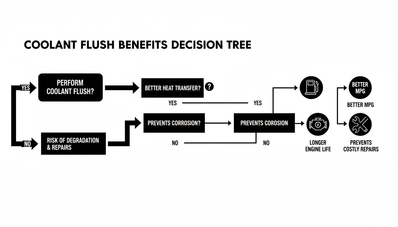 Flowchart detailing the benefits of a coolant flush, including better heat transfer, corrosion prevention, and extended engine life.