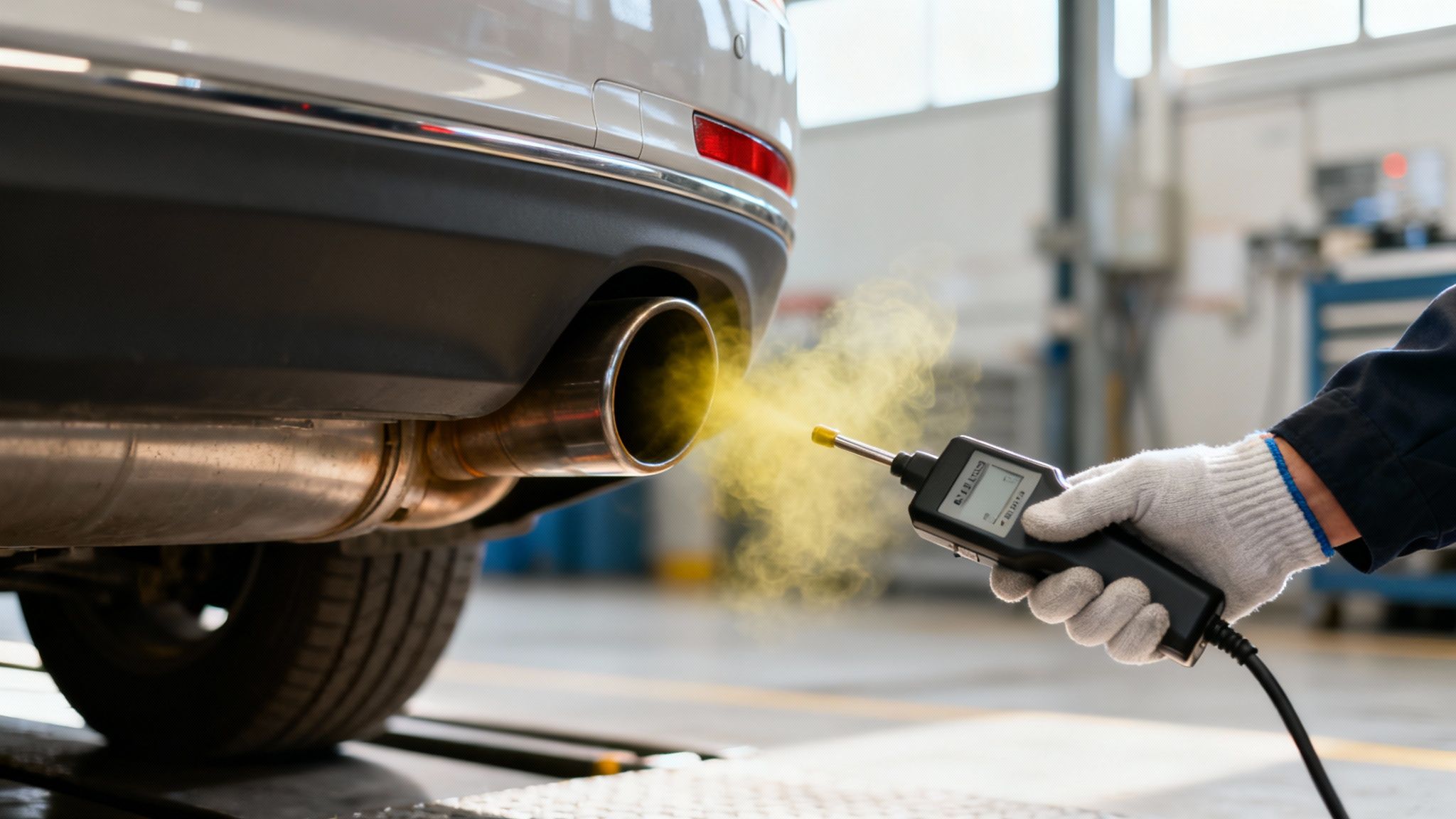 A gloved mechanic tests car exhaust emissions with a device, showing yellow smoke, indicating high pollution.