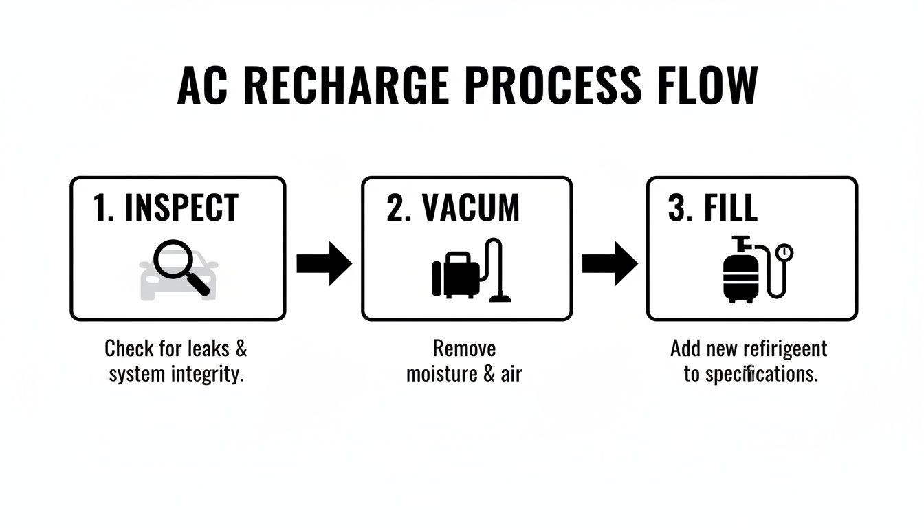 A diagram outlining the three-step AC recharge process: inspect, vacuum, and fill.