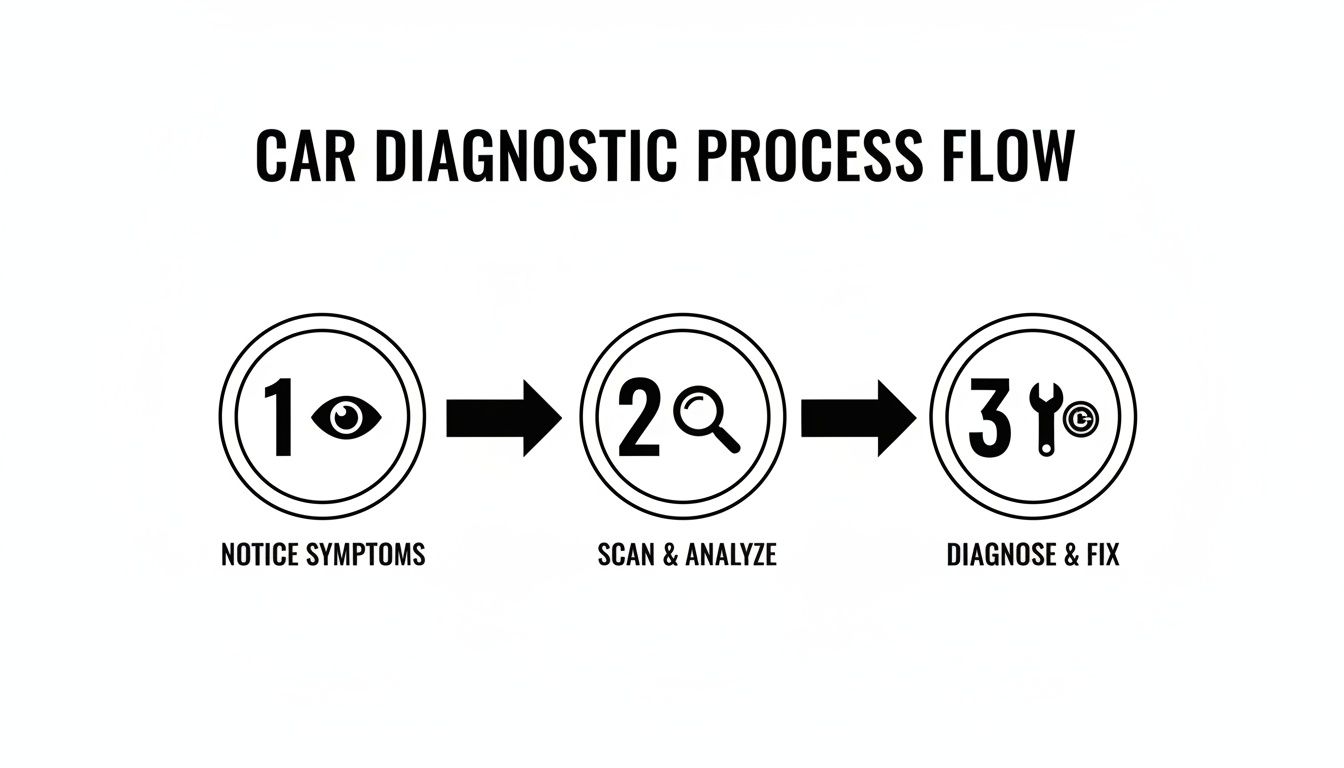 Car diagnostic process flow illustrating three steps: notice symptoms, scan and analyze, and diagnose & fix.