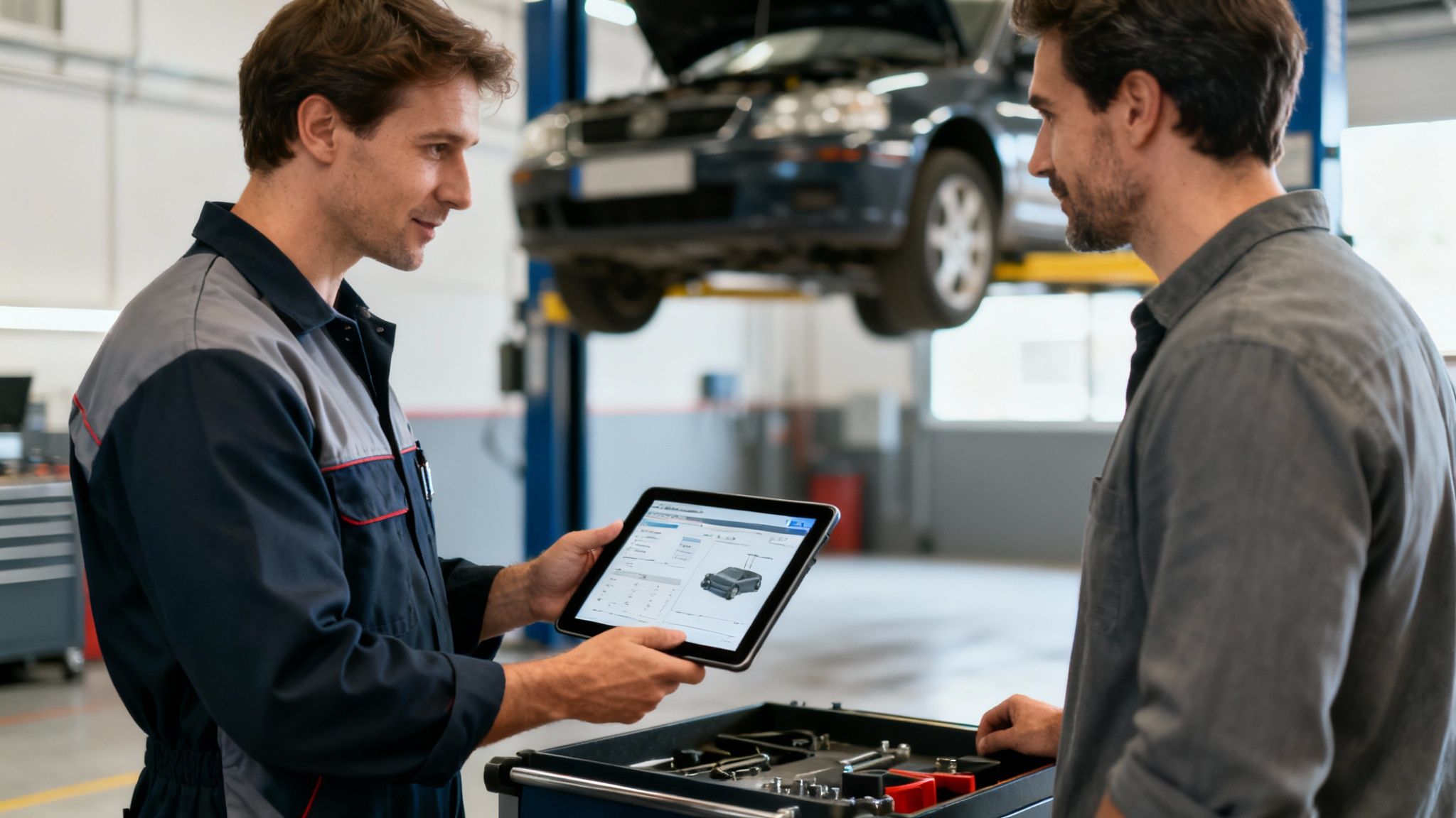 A mechanic shows car diagnostic results on a tablet to a customer in an auto repair shop with a lifted car.