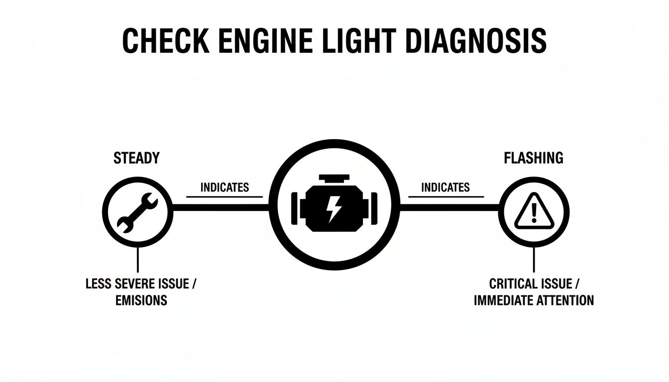 Infographic explaining check engine light diagnosis: steady light indicates less severe issues, flashing signals critical problems requiring immediate attention.