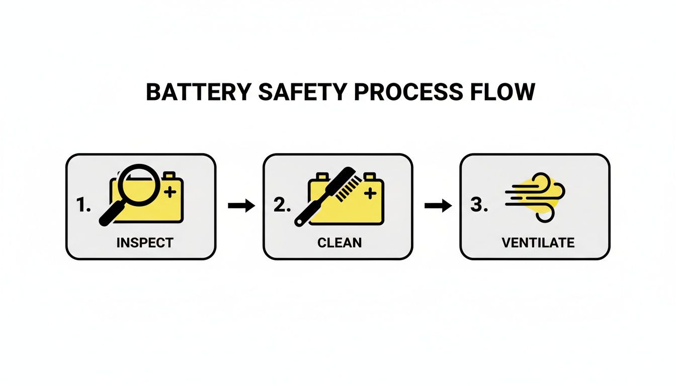 A clear diagram outlining the three-step battery safety process: inspect, clean, and ventilate.