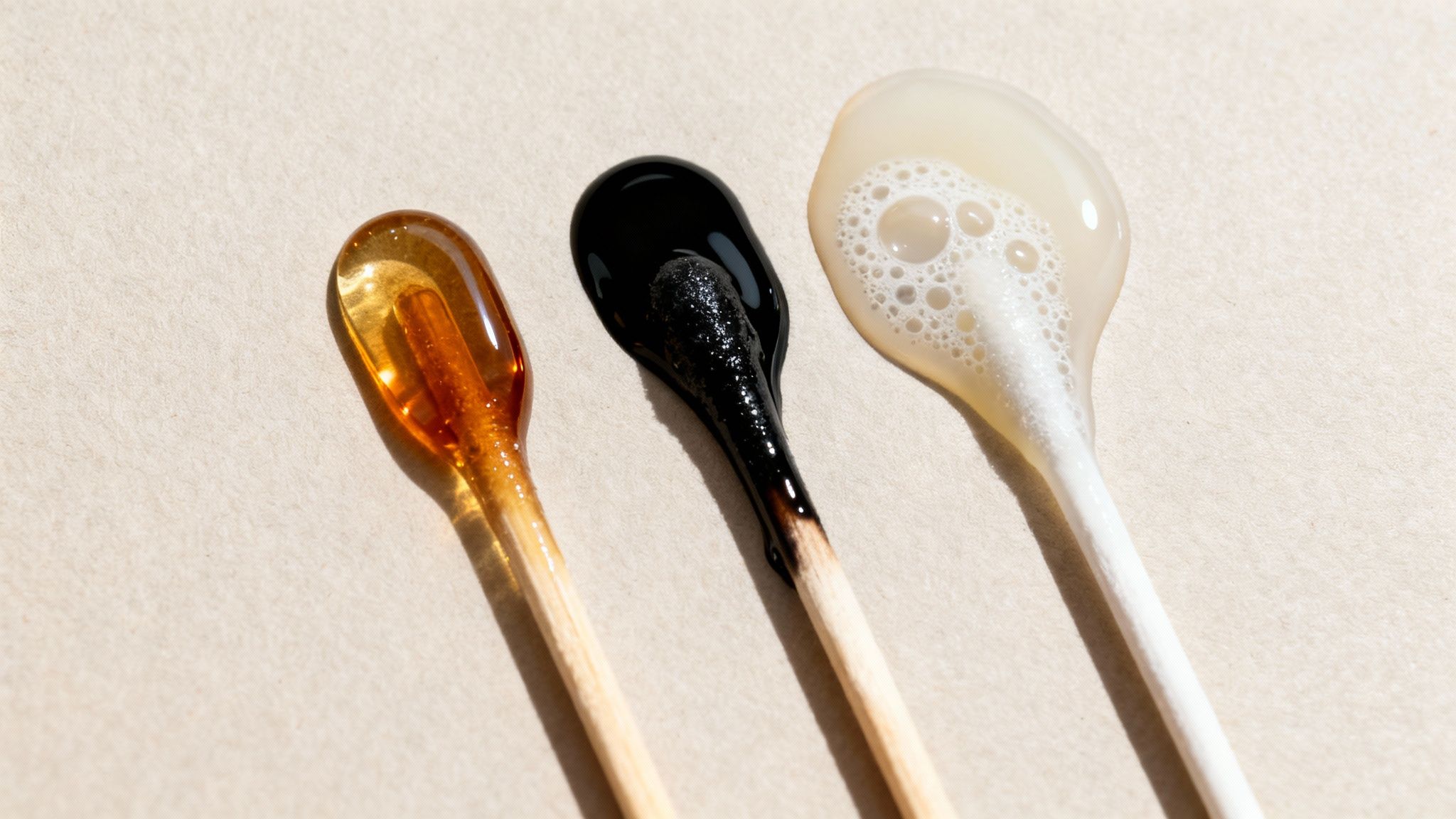 Three cotton swabs with different skincare products: amber oil, black scrub, and foamy cleanser on a beige background.