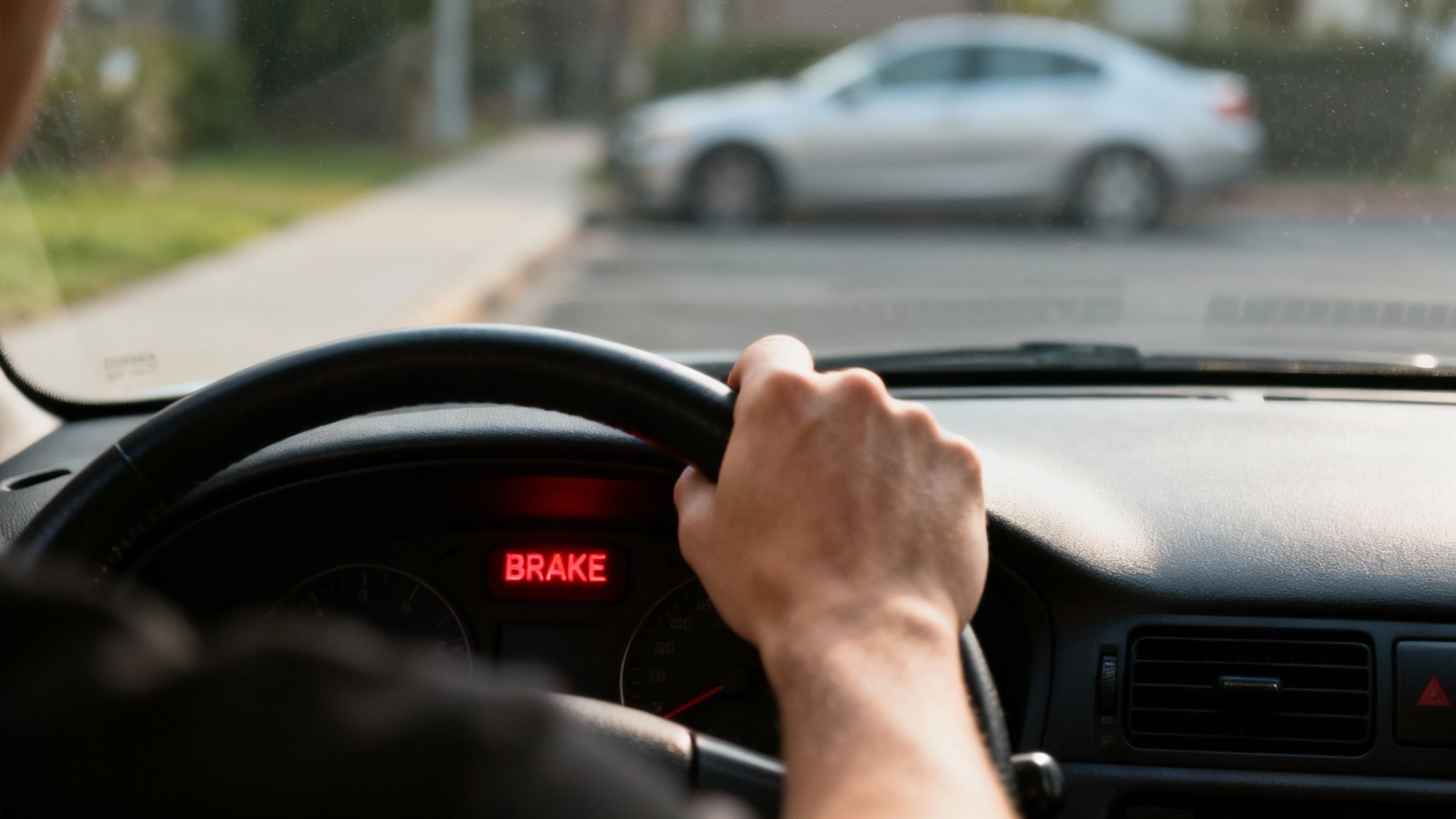 A driver's view from inside a car, with a red "BRAKE" warning light on the dashboard.
