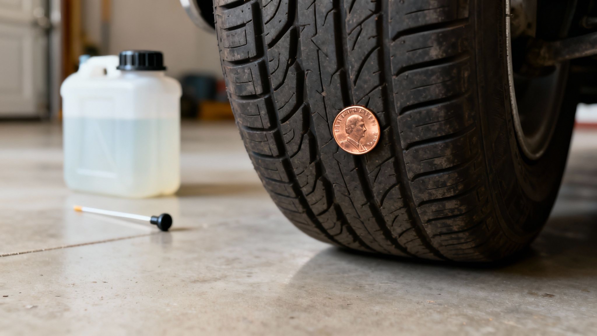 A close-up of a car tire showing the penny test for tread depth on a garage floor.