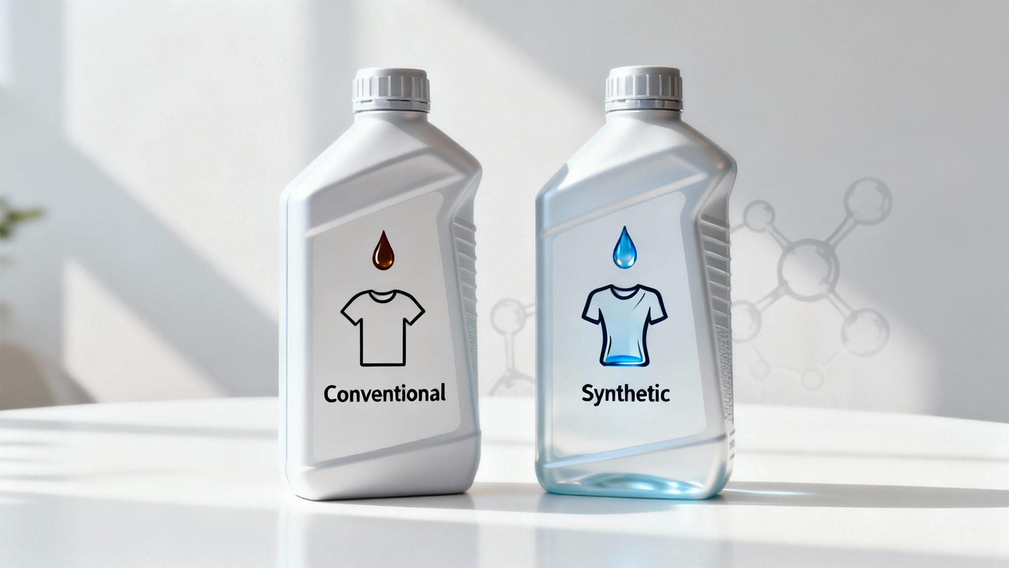 Two oil bottles on a table, one labeled 'Conventional' and the other 'Synthetic', illustrating different oil types.