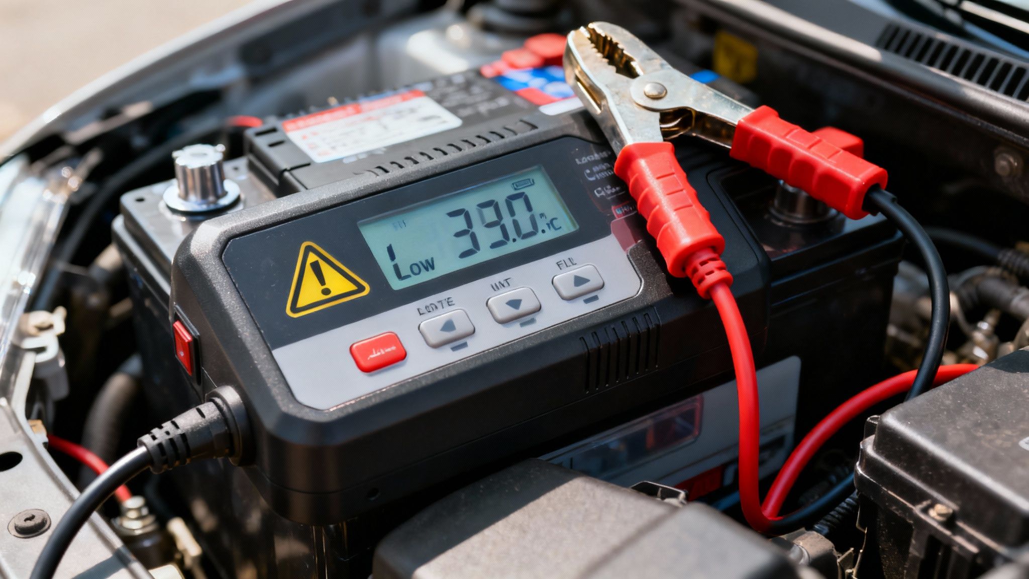 A car battery charger/tester connected, showing 'Low' status and '39.0°C' on the display.