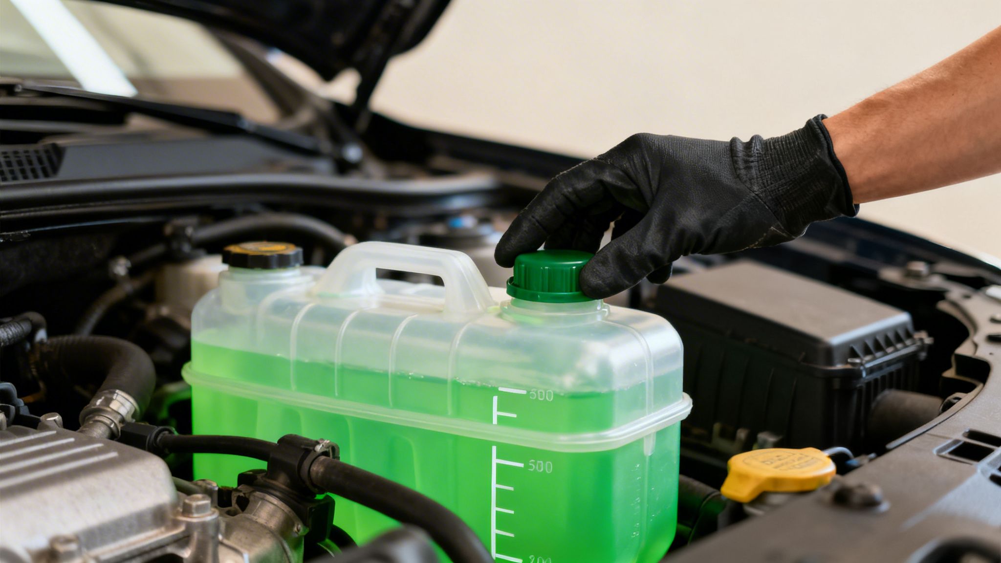 Gloved hand closing a bottle of green coolant fluid in a car engine compartment during maintenance.