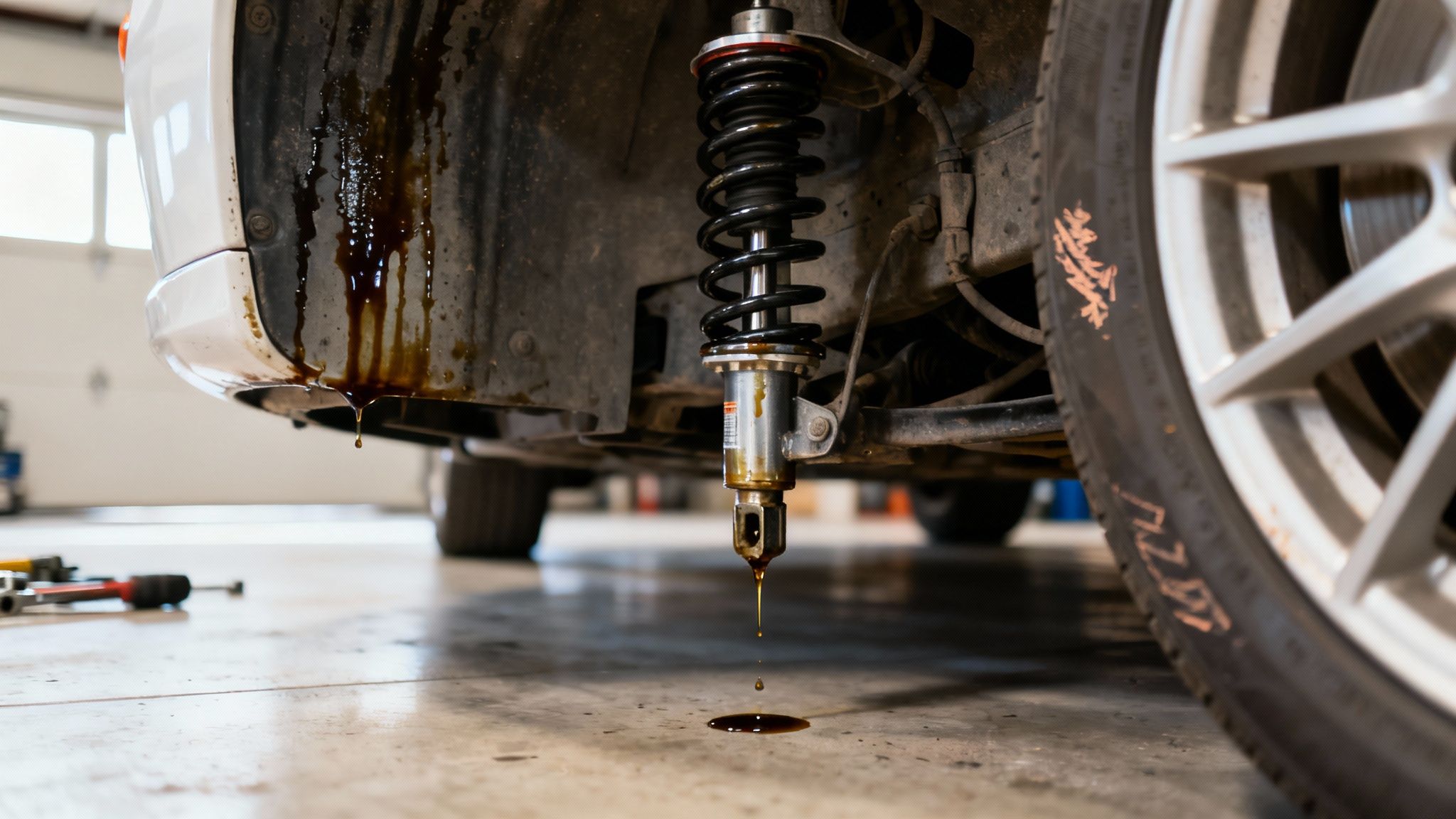 A leaking car shock absorber drips fluid onto the garage floor, indicating a malfunction.
