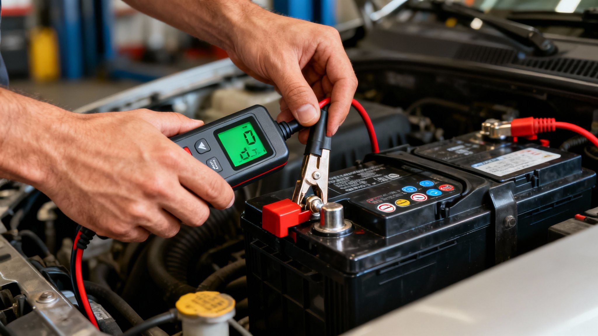 A person testing a car battery with a digital tester in an open engine bay.