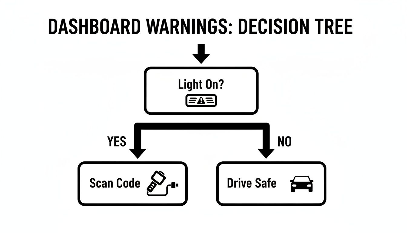 Decision tree diagram for dashboard warnings, asking 'Light On?' and advising 'Scan Code' or 'Drive Safe'.