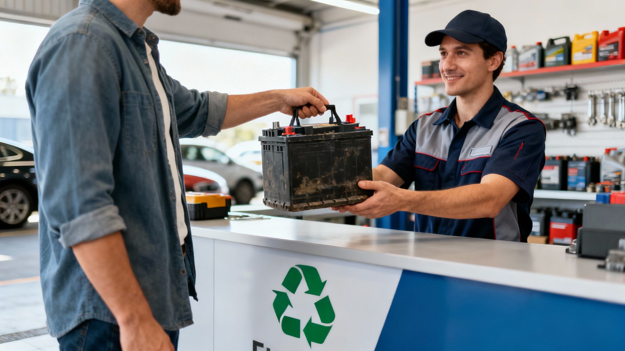 A customer hands an old car battery to a smiling mechanic at a service counter with a recycling logo.
