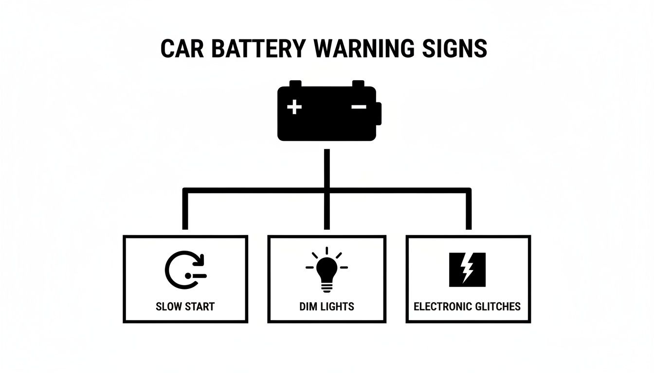 A diagram illustrating common car battery warning signs, including slow start, dim lights, and electronic glitches.