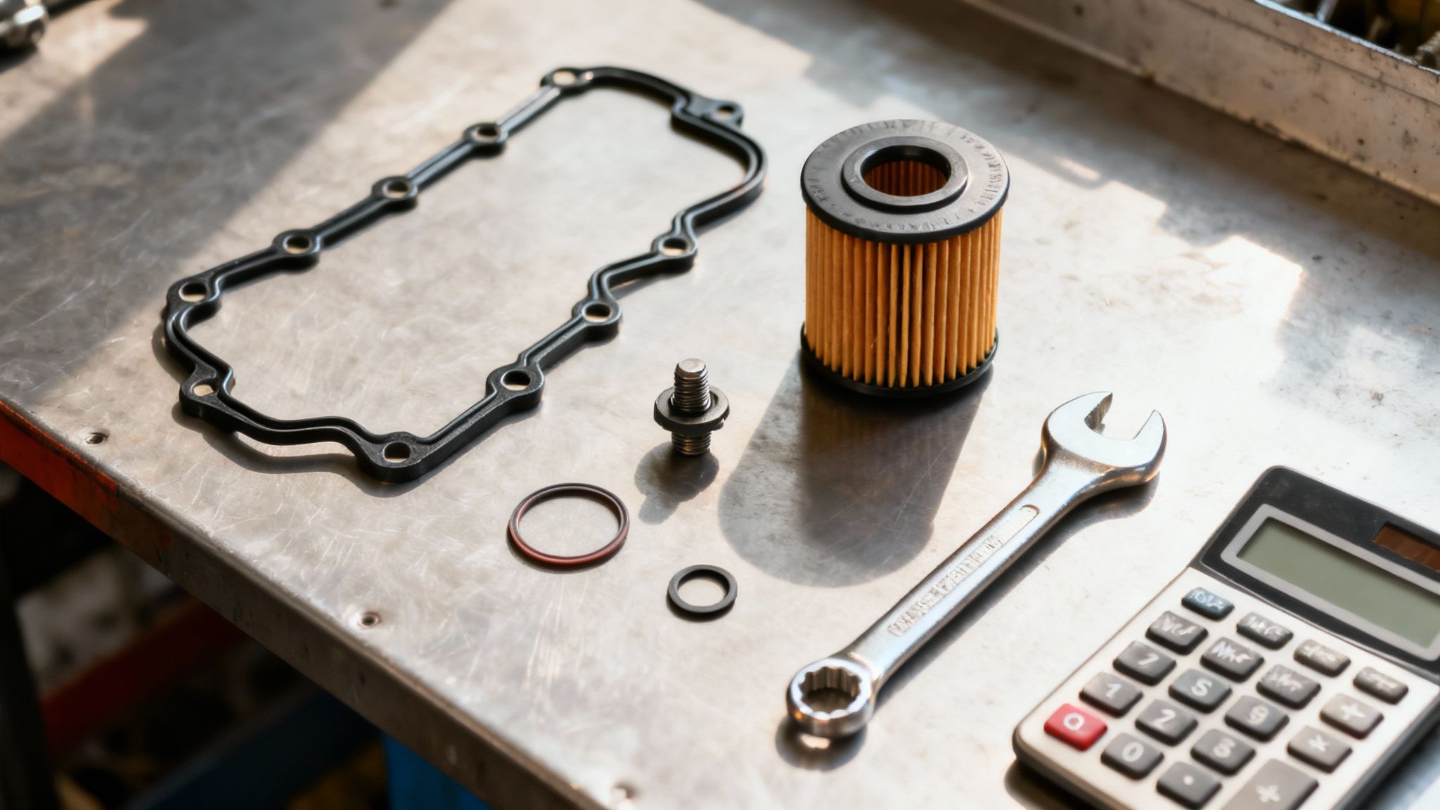 Automotive parts and tools including an oil filter, gasket, wrench, and calculator on a metal workbench.