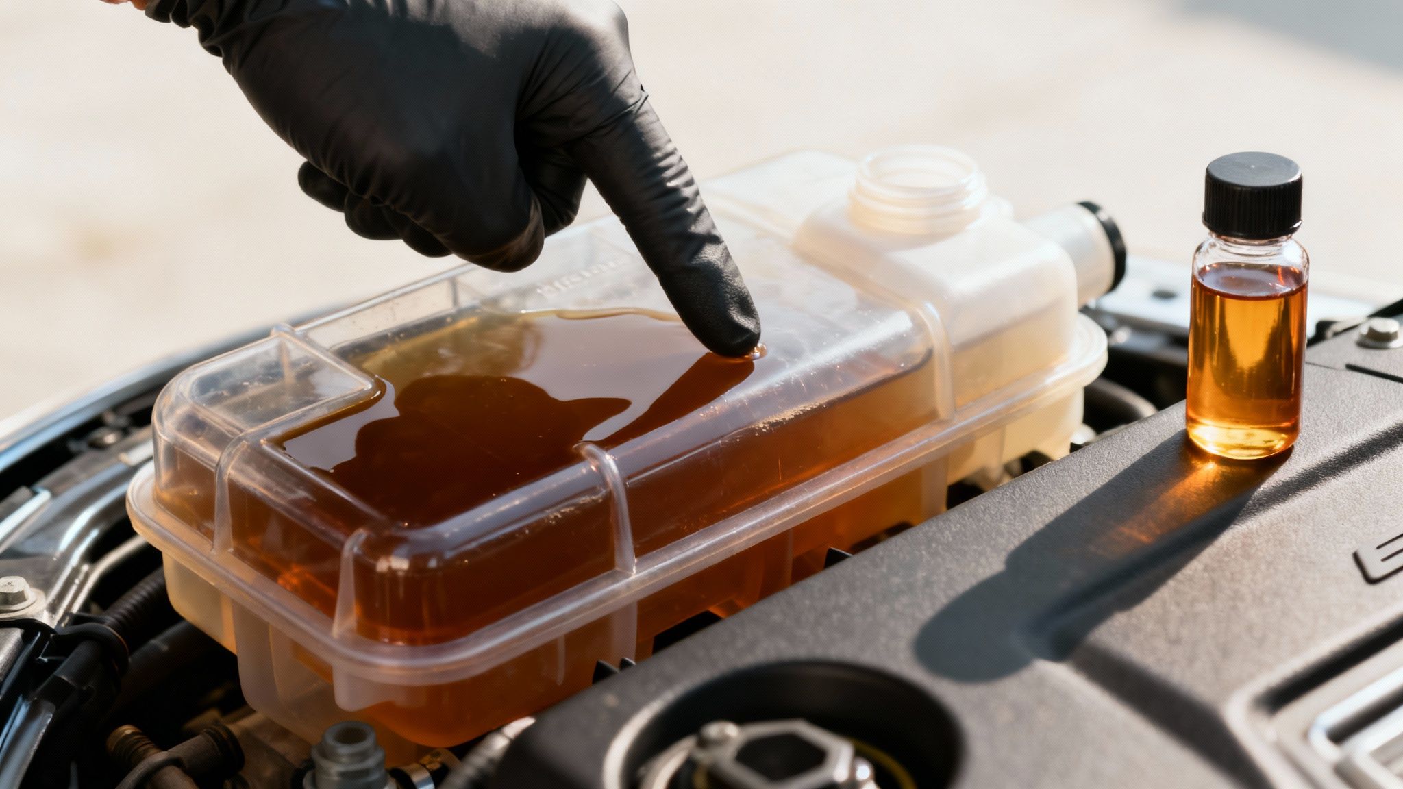 A gloved hand points at a car's brown fluid reservoir, with a sample vial nearby.