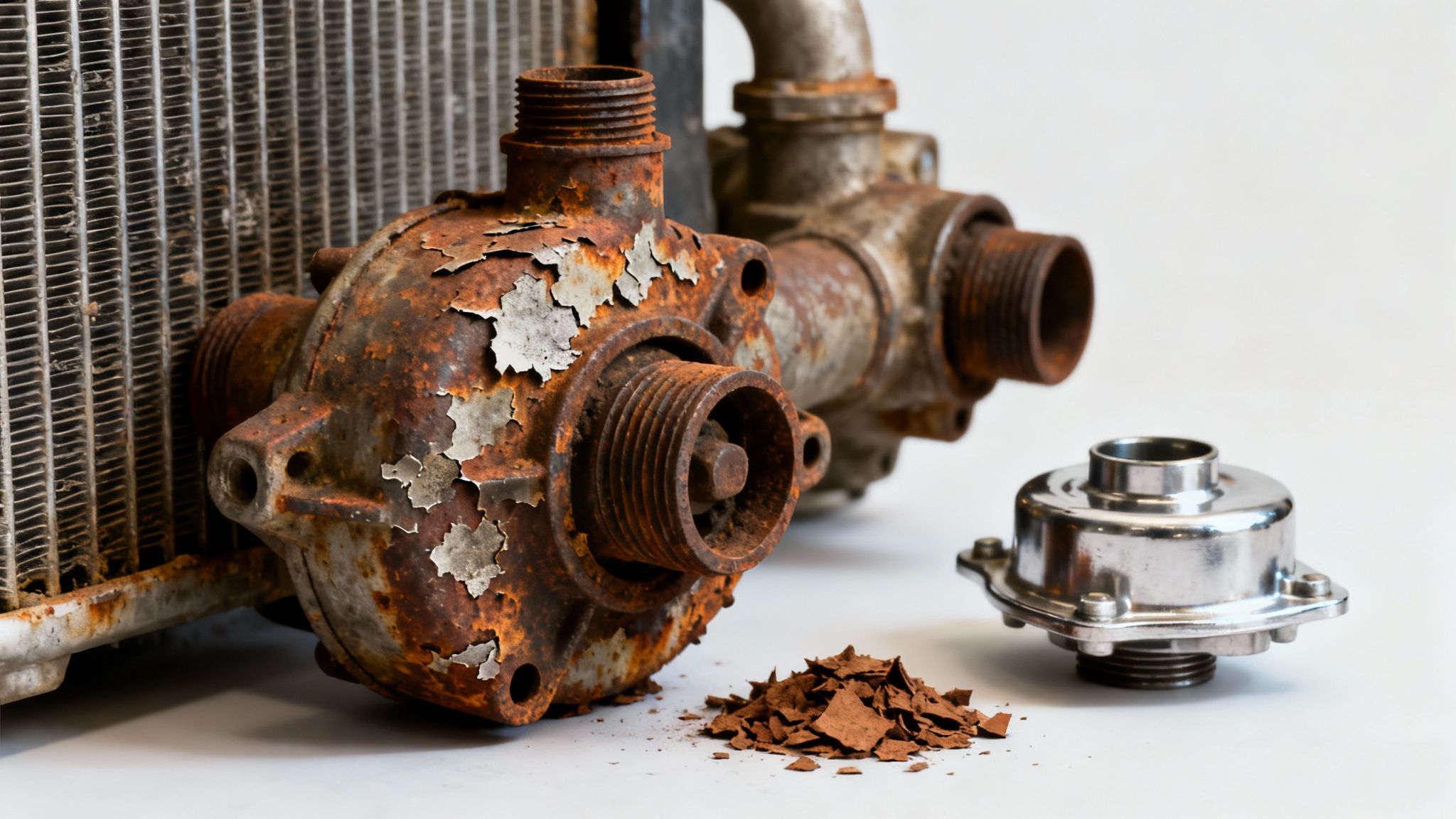 Close-up of severely corroded car cooling system parts, including a rusty radiator and pump housing.