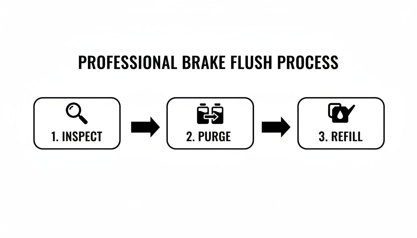 A diagram illustrating the professional brake flush process in three steps: inspect, purge, and refill.
