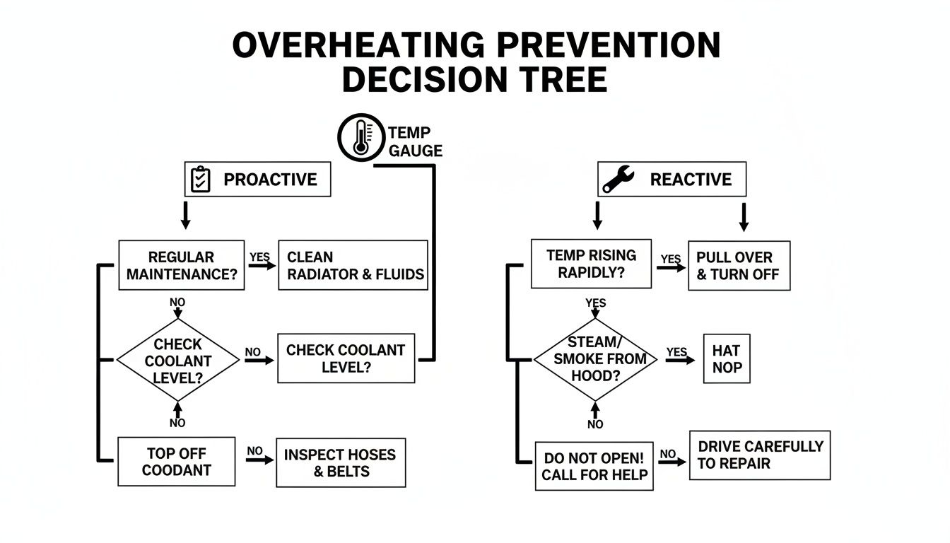 Flowchart illustrating an overheating prevention decision tree for vehicles, covering proactive and reactive steps.