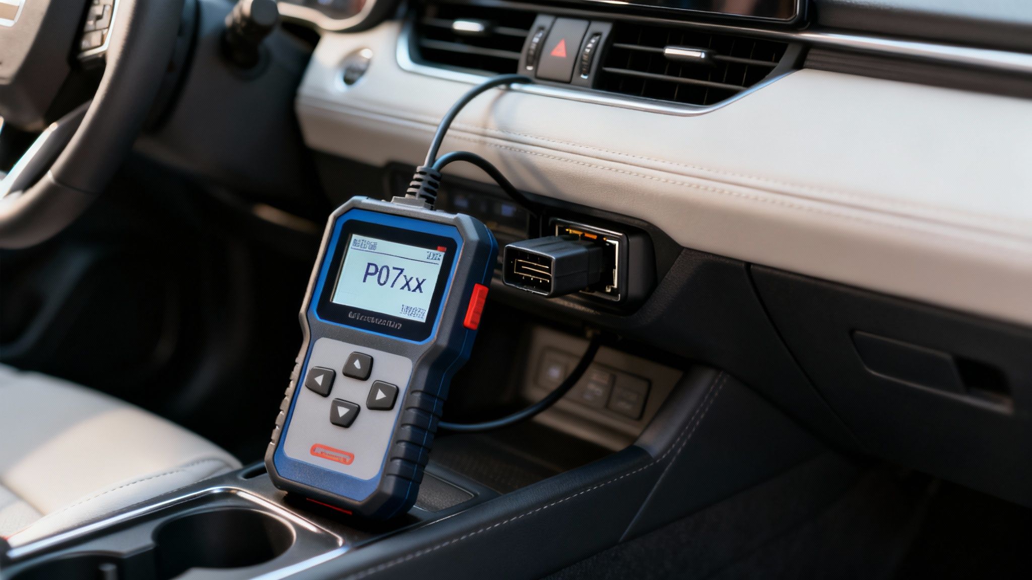 Automotive diagnostic scanner plugged into a car's OBD2 port, displaying a P07xx trouble code.