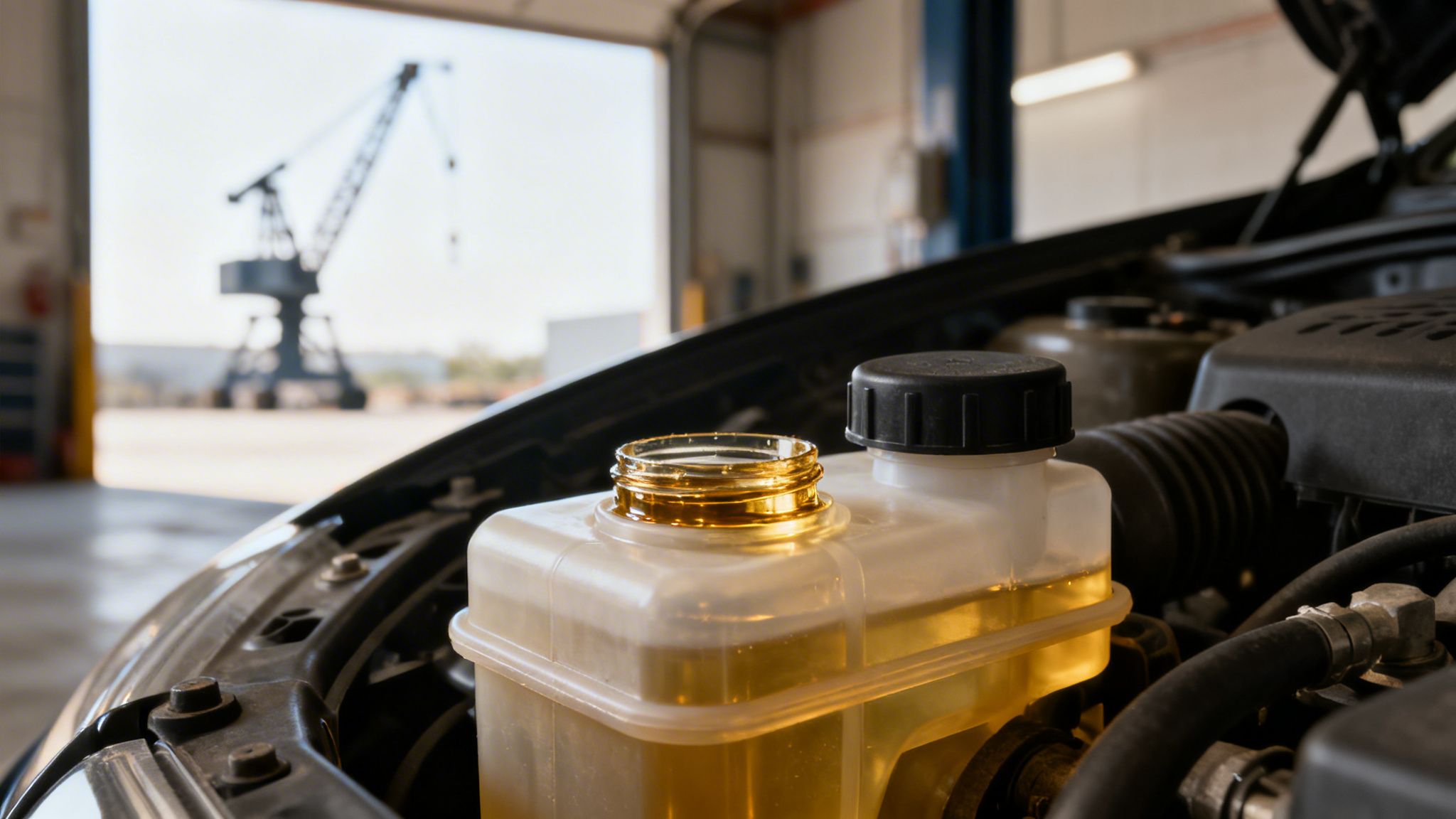 Close-up of a car's open brake fluid reservoir with golden liquid in a repair garage.