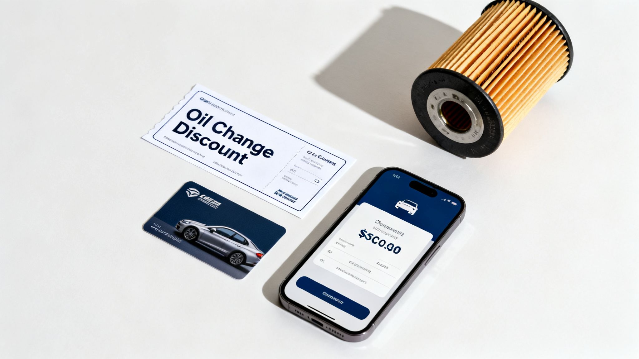 Car maintenance essentials: an oil change discount coupon, membership card, phone with service app, and oil filter.