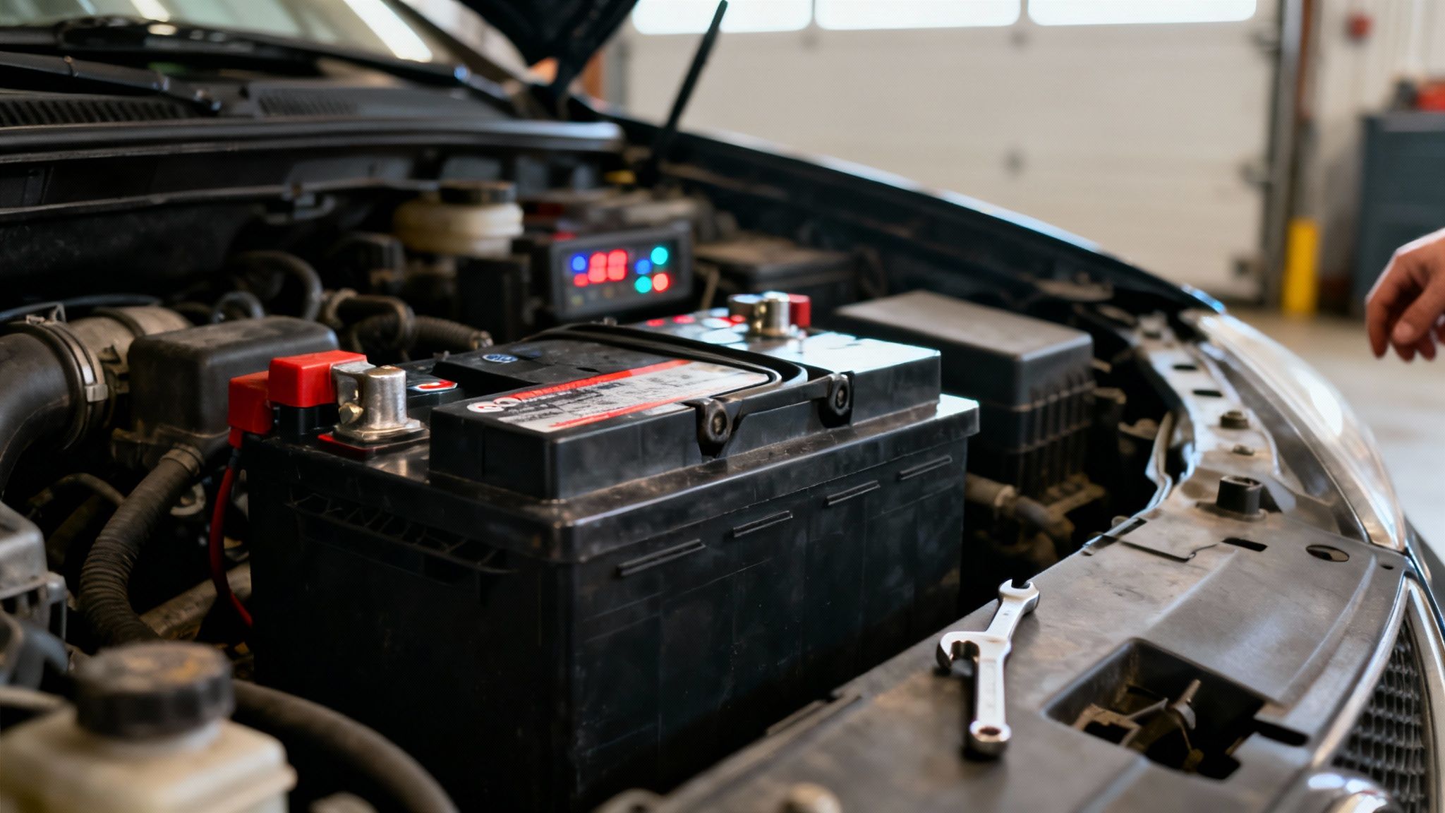 A car battery being charged or tested in an open car engine bay, with a wrench nearby.