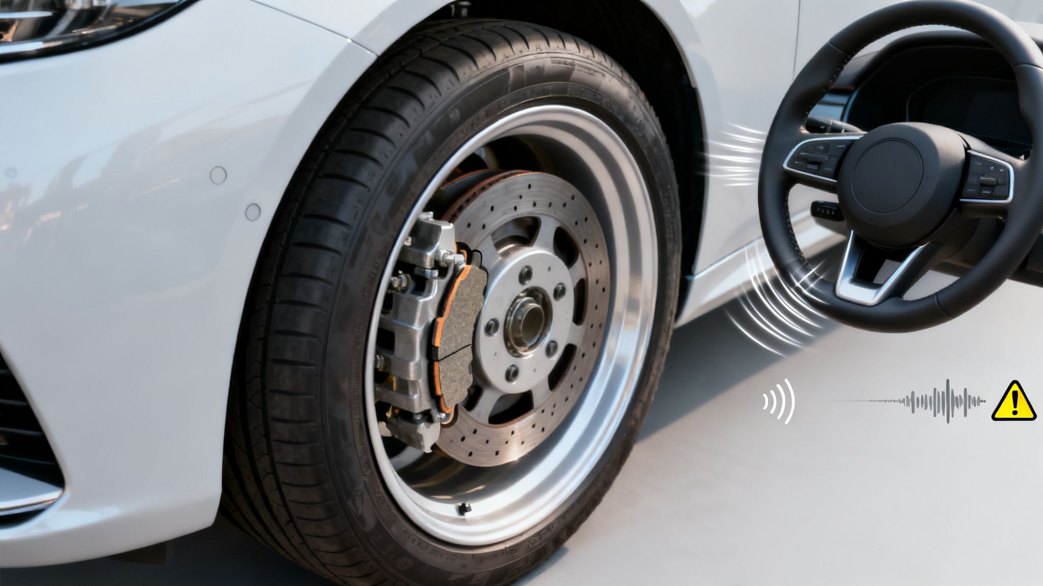 Car wheel with exposed brake system, and steering wheel displaying haptic and audio warning symbols.