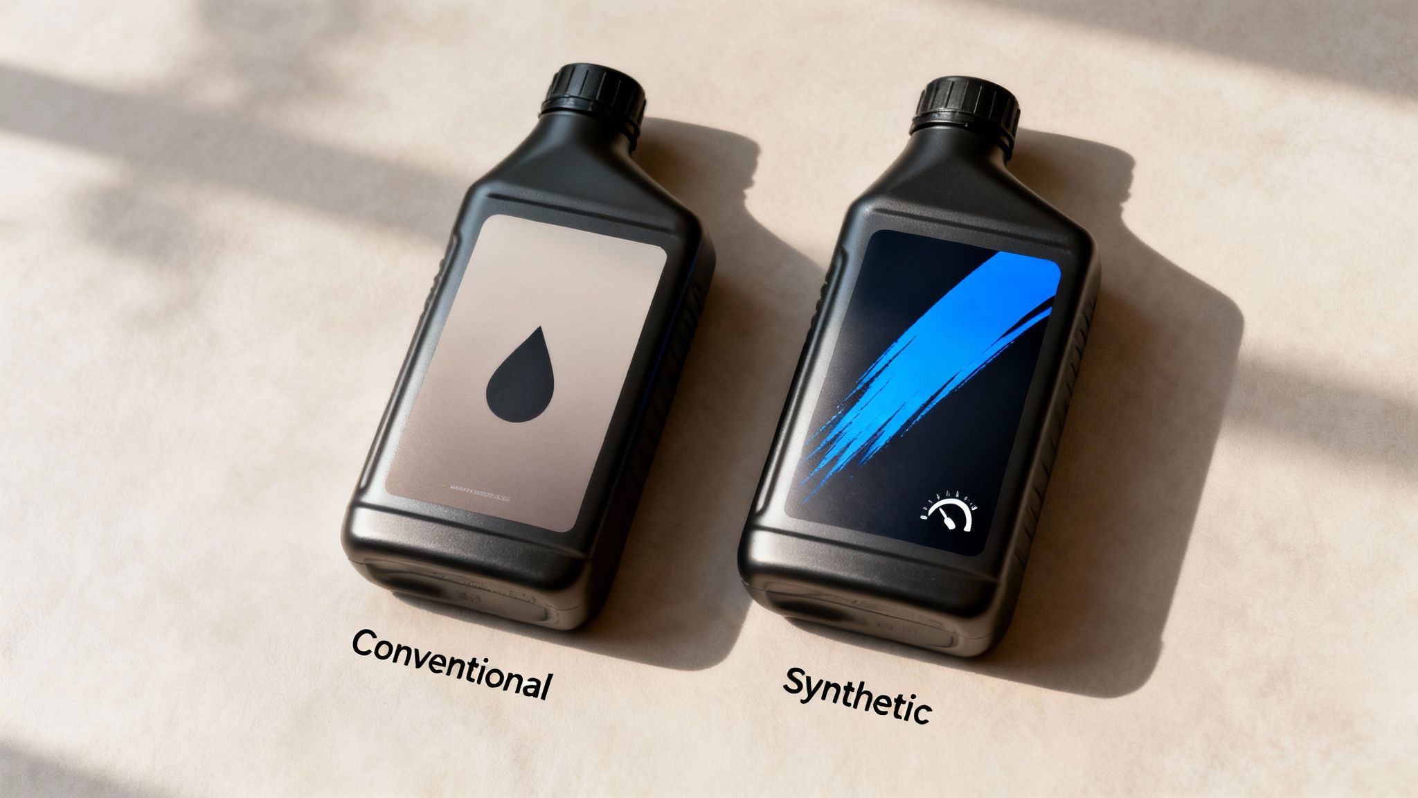 Two black oil bottles, Conventional and Synthetic, with distinct labels showcasing oil types.