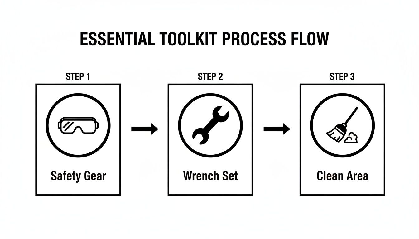A three-step process flow for essential toolkit use: safety gear, wrench set, and clean area.