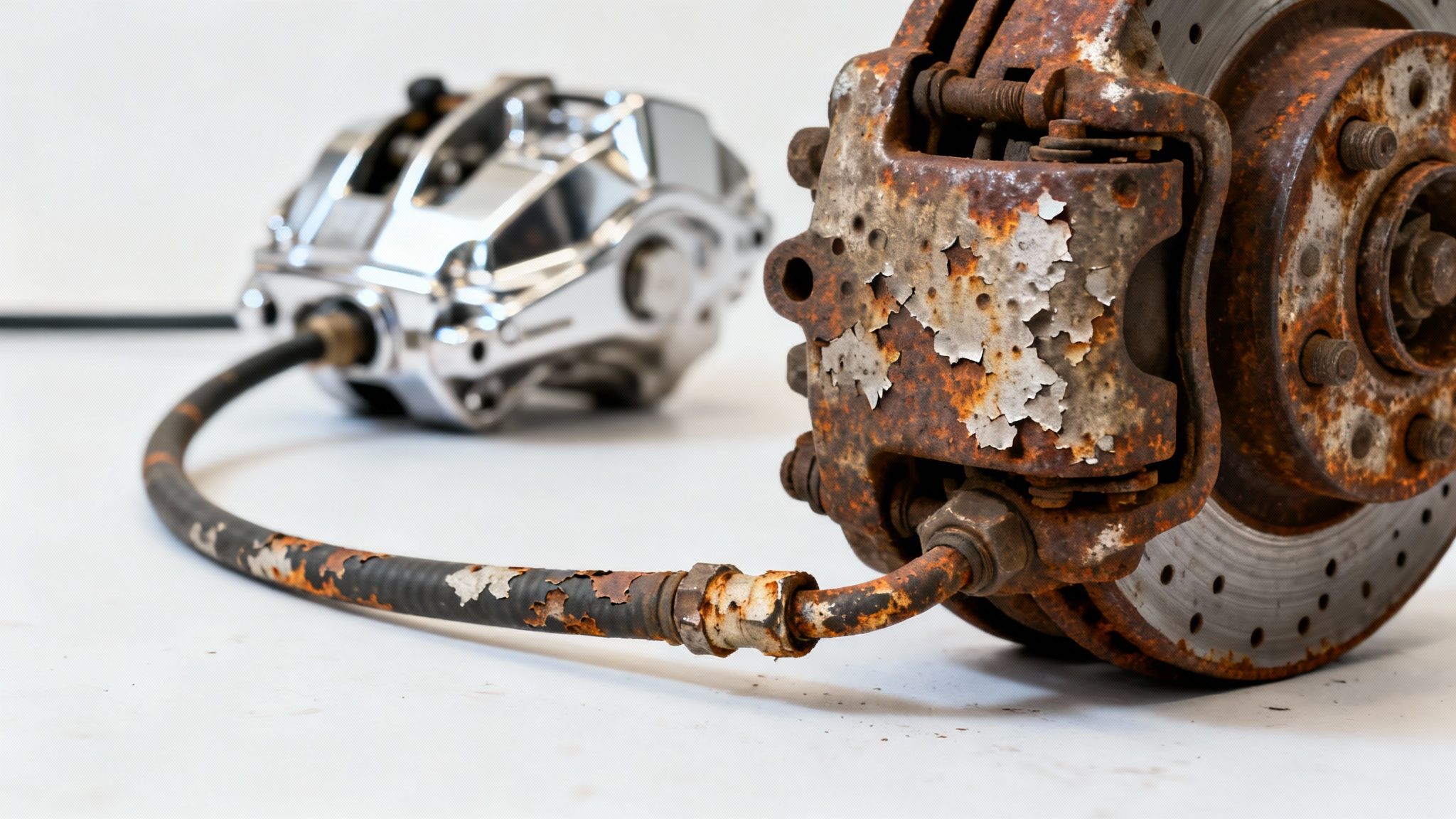 Old, rusty car brake system connected via a corroded hose to a new, shiny caliper.