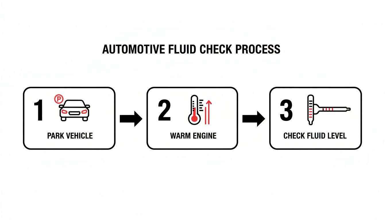 Diagram illustrating three steps for checking automotive fluid: park vehicle, warm engine, then check fluid level.
