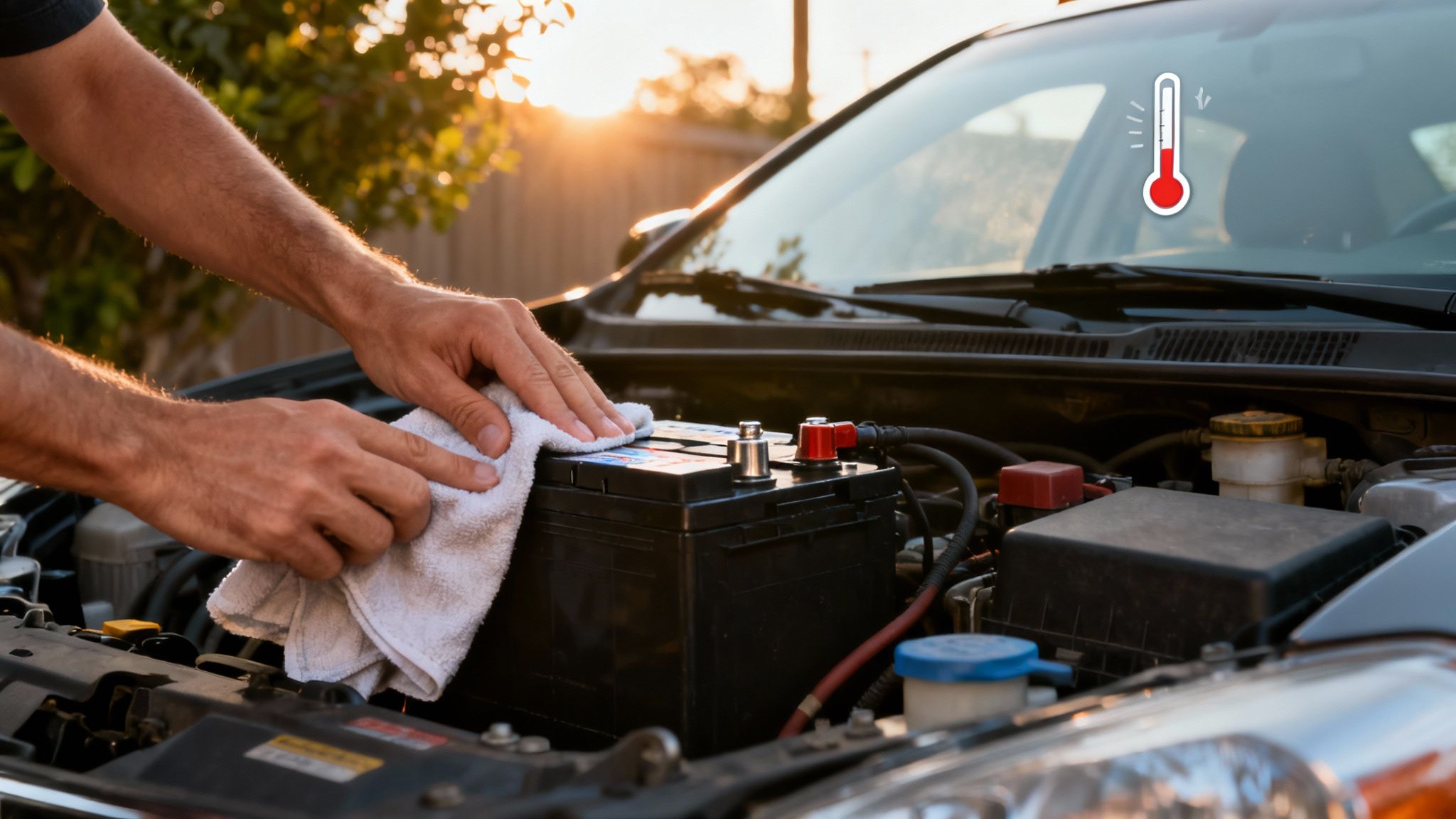 Hands wiping a car battery with a cloth in an open car engine bay at sunset.