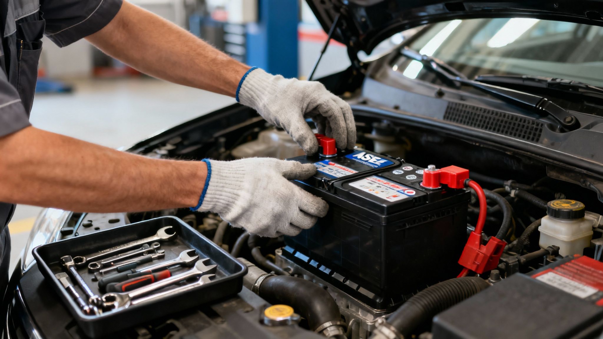 A mechanic in gloves is replacing a car battery in an engine bay with tools.