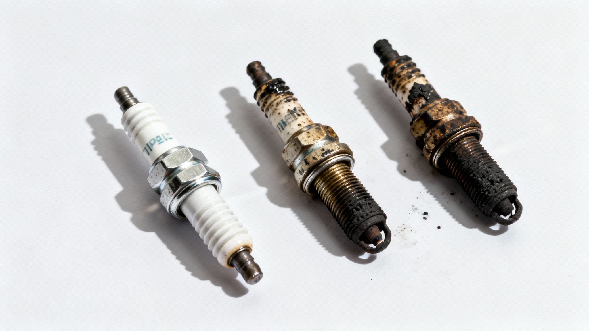 A new, clean spark plug displayed next to two severely worn and carbon-fouled spark plugs on white.