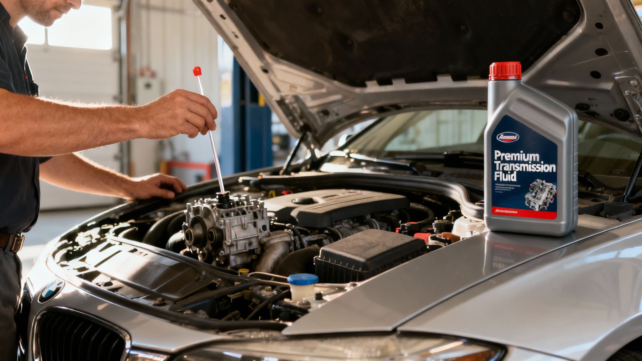 A mechanic checks transmission fluid in a car engine bay, with a fluid bottle nearby.