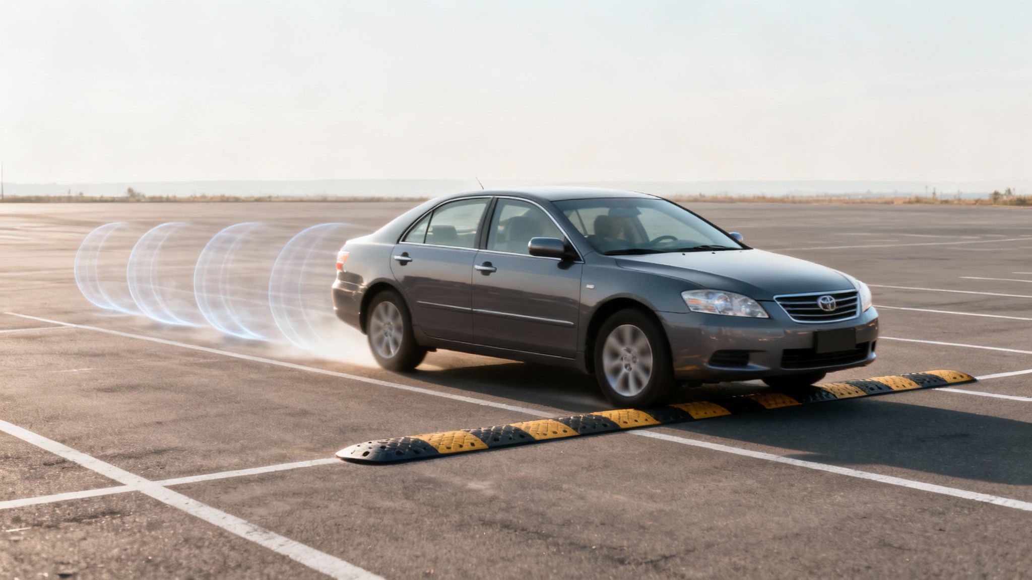 Grey sedan car drives over a yellow and black speed bump, showing motion effects.
