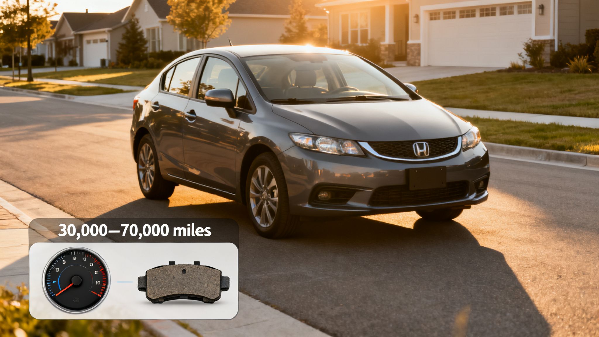 A gray Honda car on a street with an overlay showing brake pads and their recommended mileage for replacement.