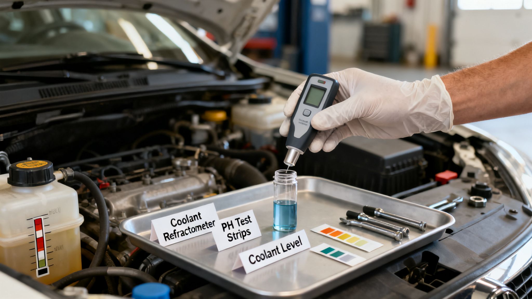 Gloved hand performing a coolant test on a car engine, with various automotive tools and test strips.